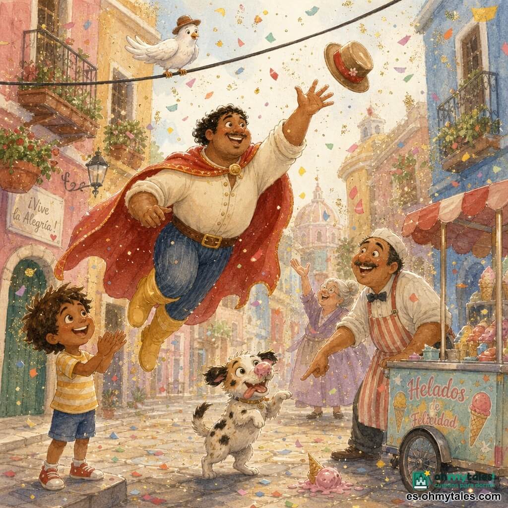 Un hombre alto, redondo, sonriente y algo pícaro, con capa roja brillante y botas amarillas salta y estira la mano derecha para atrapar un sombrero que rueda; una paloma blanca con pequeño sombrero marrón posa en un cable encima y mira curiosa; un niño de unos 6 años, pelo castaño alborotado, aplaude alegre en primer plano a la izquierda junto a la acera; un vendedor de helados de unos 50 años, con bigote y delantal a rayas, sonríe y señala una bola de helado caída en la calle a la derecha del héroe; un perro pequeño y manchado, ojos redondos y lengua afuera, baila en dos patas frente al vendedor con helado pegado en la nariz; una anciana de unos 75 años, cabello gris en moño, con las manos extendidas para atrapar confeti, está un poco atrás a la derecha; calle urbana colorida y animada, adoquines claros, fachadas pastel con balcones, un cable negro cruza el cielo y caen confeti y una ligera lluvia de polvo dorado; escena principal: momento cómico y vivo en el que el hombre con capa salta para salvar el sombrero mientras la multitud sonríe y los detalles crean una escena cálida y llena de movimiento.