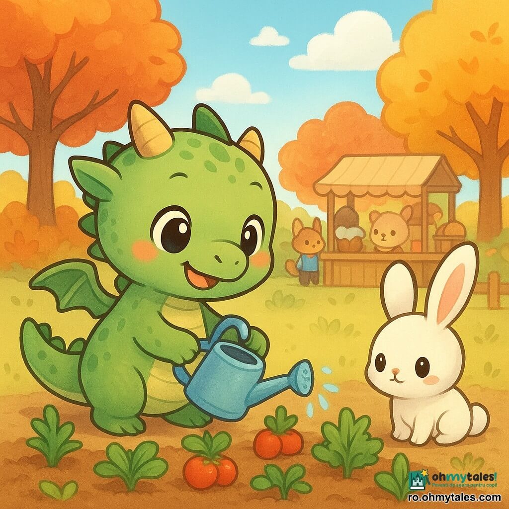 Un dragon mic și drăguț pe nume Liri, cu solzi verzi și ochi sclipitori, zâmbește vesel în timp ce udă grădina sa de legume. Lângă el, un iepure cu urechi mari, cu blană albă și ochi curioși, observă atent dintr-un colț al grădinii. Grădina este plină de legume colorate, cu roșii roșii și frunze de pătrunjel verzi care dansează în vânt. În fundal, o mică piață animată, cu standuri de lemn și animale antropomorfe discutând cu bucurie. Cerul este albastru deschis cu câțiva nori albi plutitori, iar copacii din jur sunt împodobiți cu frunze aurii și roșii, capturând esența toamnei.