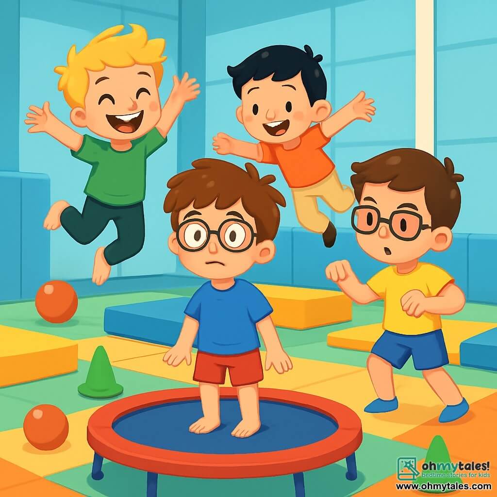 There are 4 children: Max, an 8-year-old boy with messy brown hair and round glasses, wearing a blue t-shirt and red shorts, stands in the center on a trampoline, looking excited yet nervous. Oliver, also 8, has tousled blonde hair and a big smile, wearing a green t-shirt and black pants, is to the left of Max, jumping high with arms raised like a kangaroo. Liam, another 8-year-old with brown hair and glasses, wears a yellow t-shirt and blue shorts, is to the right of Max, doing a robot move with a focused expression. Noah, an 8-year-old with black hair and freckles, wears an orange t-shirt and beige pants, is behind Max, leaping forward with arms spread like a bird. The main setting is a bright gym with light blue walls and colorful mats, featuring a bouncing trampoline surrounded by large soft mats, with colorful cones and balloons scattered around, creating a cheerful atmosphere. The scene shows Max, slightly nervous, ready to jump on the trampoline while his friends encourage him with smiles and playful gestures, capturing excitement and friendship with expressions of courage and joy on the children's faces.