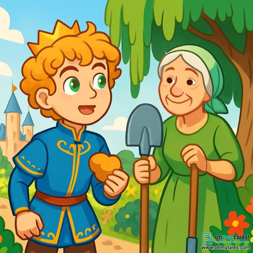 A young prince, Cedric, about 12 years old with curly golden hair, wears a blue tunic adorned with golden patterns. His face is lit by a mix of excitement and apprehension, with his bright emerald green eyes scanning the horizon. He holds a piece of honey bread in one hand, ready to venture out. Beside him, an elderly lady, the former gardener, around 70 years old with silver hair and a warm smile, stands near a large willow tree. She wears a green linen dress and holds a spade, looking at the prince kindly as if sharing a secret. The setting is a lush royal garden filled with colorful flowers, carefully trimmed bushes, and a large willow with drooping branches creating soft shade. In the distance, sparkling palace towers rise under a clear blue sky. The main situation shows Cedric preparing to leave the garden to explore the outside world, determined to find the enchanted heart, while the gardener offers him wise advice, surrounded by the magical beauty of the garden.
