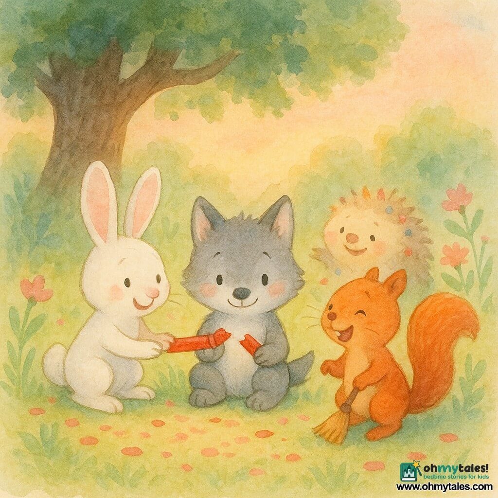 Little Wolf, a small anthropomorphic gray wolf with rosy cheeks, sits at the center smiling shyly while holding one half of a broken red crayon; Rabbit, a white rabbit with large pink ears, sits to his left leaning in and holding the other half; Squirrel, a bright red squirrel, stands to the right laughing with a tiny broom and cake crumbs on its whiskers; Hedgehog, a beige hedgehog, rolls slightly behind covered in colorful confetti; they share the crayon and sweep the last confetti in a forest clearing with green grass, wildflowers and a dark oak, bathed in soft pink-orange late-afternoon light, painted in a tender watercolor style with visible paper texture and a pastel palette punctuated by vivid reds and pinks.