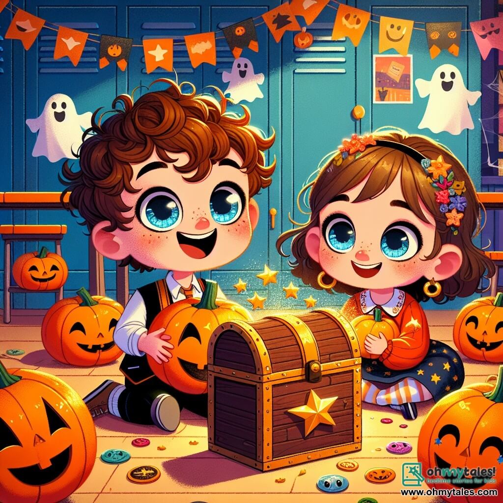 A 4-year-old boy named Tommy, with sparkling blue eyes and curly hair, sits on the colorful classroom floor, a wide smile on his face. He holds a small orange pumpkin decorated with a funny face, surrounded by shiny stickers. Next to him is his best friend Lucy, a 4-year-old girl with long brown hair, wearing a starry dress and admiring her own pumpkin decorated with sparkling stars. The scene is set in a bright classroom adorned with Halloween decorations: paper ghost garlands, spider webs, and smiling pumpkins on the desks. An old wooden chest sits mysteriously in a corner. In this illustration, Tommy and Lucy discover a golden key shaped like a pumpkin under the table. They both head toward the large chest, eager to unlock its secret, while sparkling lights begin to emanate from it, promising a magical adventure.