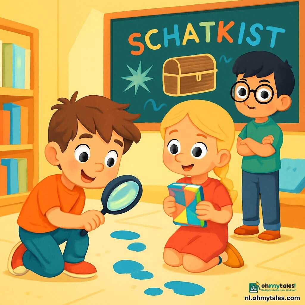 Een 6-jarig jongetje, Tijn, met rommelig bruin haar en sprankelende nieuwsgierige ogen, zit op de grond met een opgewonden glimlach op zijn gezicht. Hij houdt een vergrootglas in één hand en onderzoekt blauwe verfsporen op de grond. Naast hem kijkt Noor, een 6-jarig meisje met gevlochten blond haar, geïnteresseerd met grote ogen, terwijl ze een kleurrijk notitieboekje vasthoudt. Bo, een 6-jarig jongetje met ronde bril en zwart haar, staat iets op de achtergrond met gekruiste armen, geconcentreerd en klaar om zijn ideeën te delen. De scène speelt zich af in een heldere en uitnodigende klas met pastelgele muren, planken vol kleurrijke boeken en een gezellige leeshoek met zachte kussens. Achterin hangt een groot schoolbord vol kindertekeningen en kleurrijke woorden. Tijn en zijn vrienden zijn bezig met het zoeken naar een mysterieuze verdwenen schatkist, terwijl ze aanwijzingen volgen die op de grond en in de klas zijn achtergelaten. Ze zijn volledig in hun missie verdiept, omringd door felle kleuren en leuke voorwerpen, klaar om het mysterie samen op te lossen.