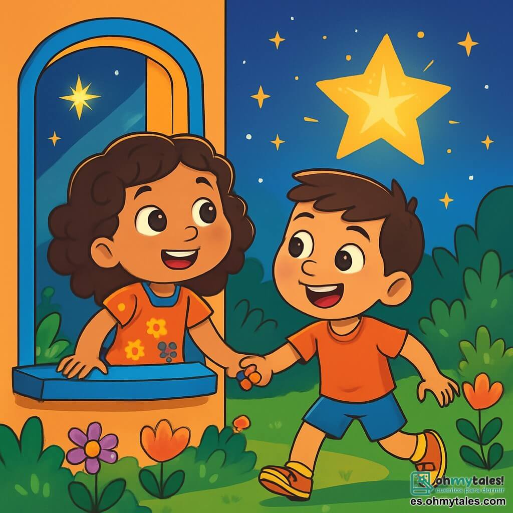 Una niña de 6 años, Amina, con cabello rizado castaño y ojos llenos de curiosidad, mira asombrada una estrella brillante por la ventana. Lleva un vestido colorido con motivos florales y una radiante sonrisa en su rostro. Junto a ella, su hermano Sami, de 8 años, tiene el cabello corto y una mirada traviesa. Sostiene la mano de Amina, animándola a salir. La escena se desarrolla en un jardín verde, bajo un cielo crepuscular salpicado de estrellas brillantes. Amina y Sami están listos para seguir la luz de la estrella, llenos de emoción y asombro, preparados para vivir juntos una aventura inolvidable.