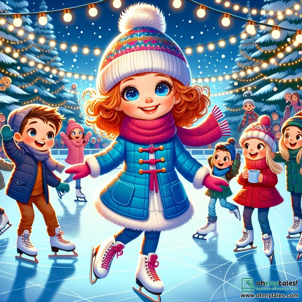 A 9-year-old girl with sparkling blue eyes and curly auburn hair is joyfully skating on an outdoor ice rink. She wears a blue parka, a colorful wool hat, and pink gloves, and her face radiates excitement and happiness. Next to her, her friend Ben, a 9-year-old boy with messy brown hair and a mischievous smile, encourages her by raising his arms, ready to do a spin. A little further away, Mia, an 8-year-old girl with blonde braids and a red hat, laughs and claps while holding a steaming cup of hot chocolate. The scene is a lively ice rink surrounded by snow-covered fir trees sparkling under Christmas lights, with children skating and families having fun. String lights decorate the trees, creating a festive and warm atmosphere. The main focus is on Lily, full of joy, skating with her friends, laughing and having fun, while snowflakes gently fall around them, adding to the magic of winter.