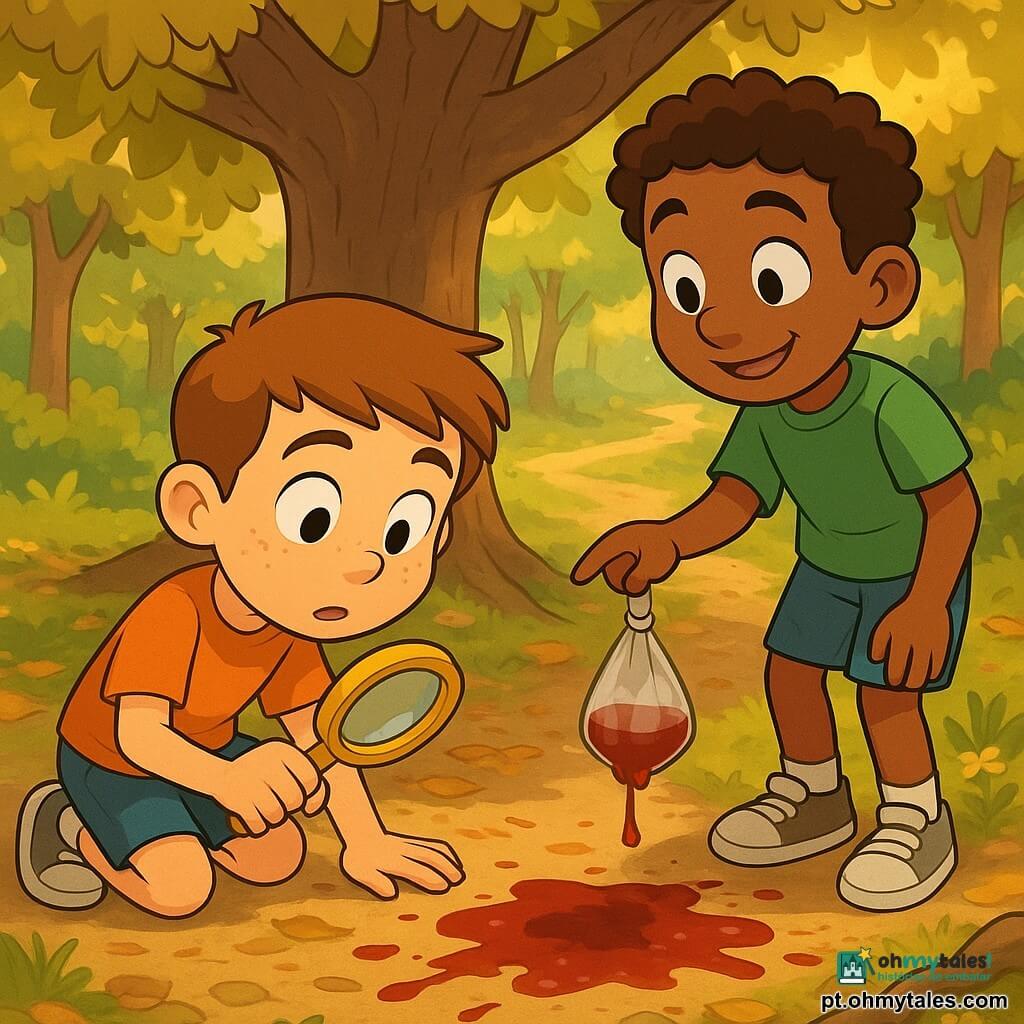 Um garoto de 8 anos, rosto redondo com sardas, cabelo castanho curto e olhos grandes, ajoelhado com uma pequena lupa amarela na mão e olhando fixamente para uma mancha vermelho-escura no chão; outro garoto, Pedro, também cerca de 8 anos, pele um pouco mais escura e cabelos curtos e encaracolados, em pé atrás, apontando para uma sacola plástica pendurada num galho baixo que pinga um líquido vermelho-escuro; trilha de madeira iluminada por raios de sol, folhas amarelas e castanhas no chão, raízes e pequenas flores, roupas simples e tênis um pouco sujos, atmosfera alegre de aventura com cores quentes e texturas nítidas.