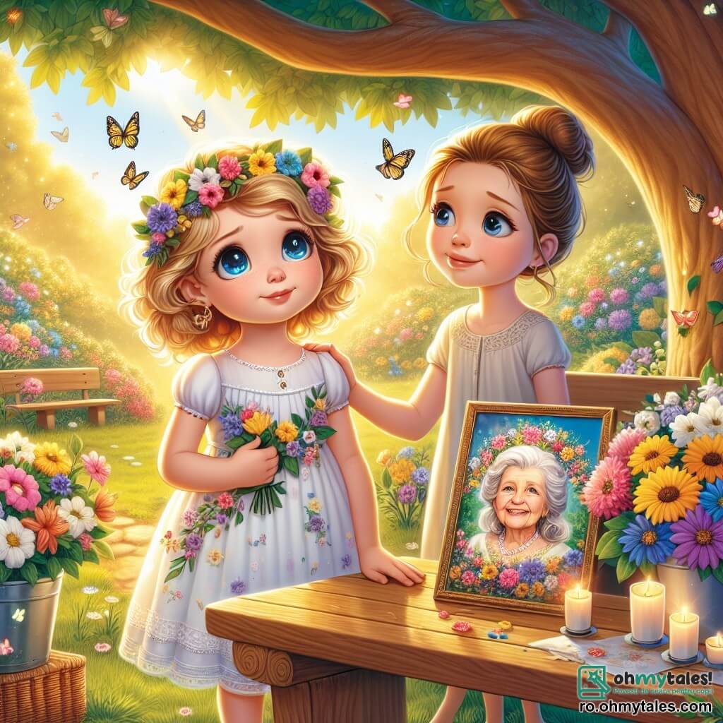 O fetiță de 6 ani, Anna, cu părul blond și buclat, poartă o rochie albă cu flori colorate. Are ochi albaștri strălucitori, plini de emoție, și un zâmbet ușor trist pe față. Ține un desen cu bunica ei, înconjurată de flori, și privește cerul, pierdută în gânduri. Lângă ea, mama ei, o femeie de aproximativ 30 de ani, cu părul brun prins în coc, poartă o rochie ușoară și un zâmbet reconfortant. Se află puțin în spate, punând o mână blândă pe umărul Annei, oferindu-i sprijin. Locul este o grădină înflorită, scăldată în lumină aurie, cu copaci verzi și fluturi dansând în jur. O bancă din lemn este așezată sub un stejar mare, unde o masă este decorată cu flori colorate și lumânări. Situația principală arată cum Anna și mama ei sărbătoresc memoria bunicii Annei, împărtășind amintiri și rememorând momentele fericite petrecute împreună, creând o atmosferă de blândețe și confort.