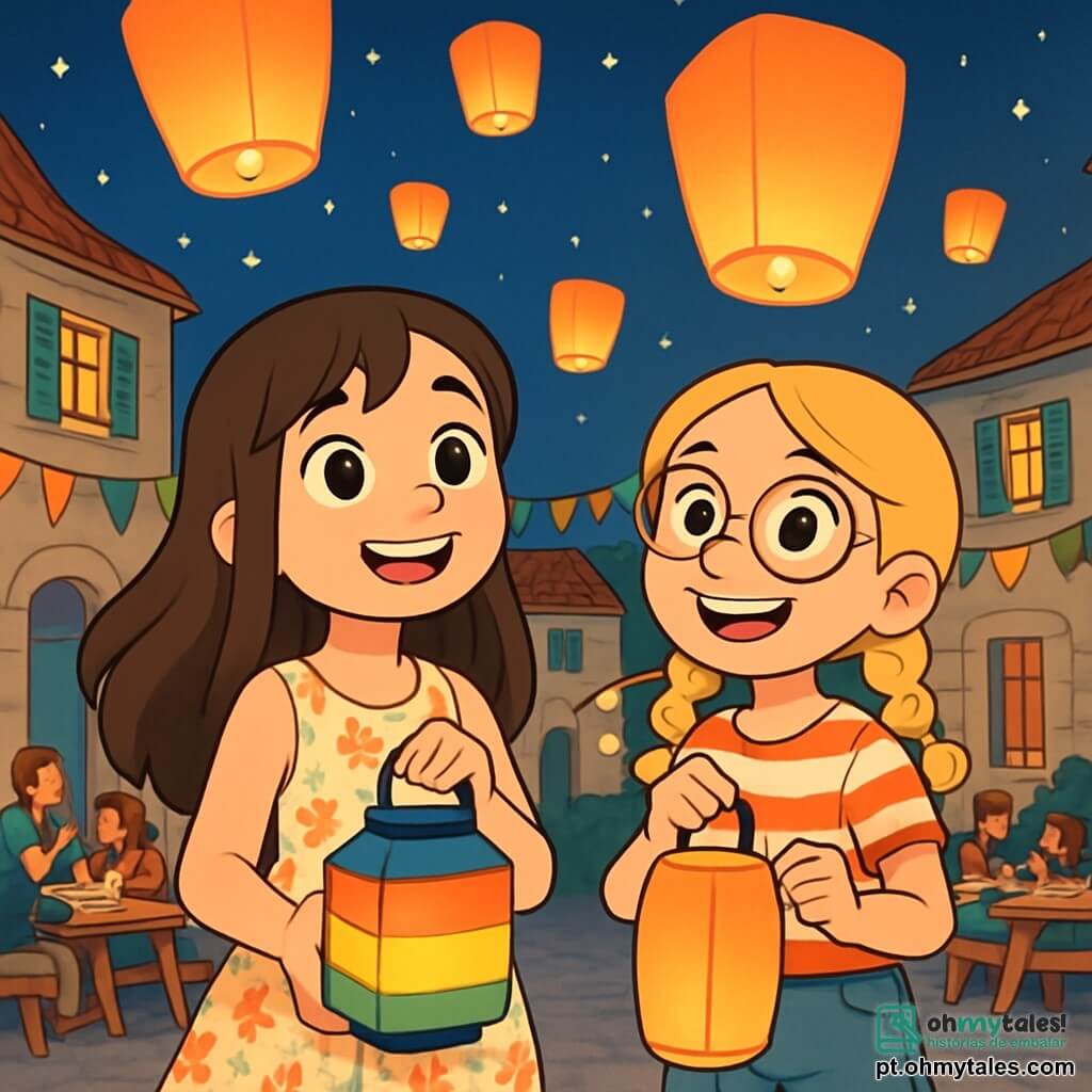 Há 2 personagens principais: - Luísa: uma menina de 10 anos, com longos cabelos castanhos e olhos brilhantes. Ela usa um vestido leve com flores e segura uma lanterna colorida nas mãos. - Clara: uma menina de 10 anos, com cabelos loiros trançados e óculos redondos. Ela veste uma camiseta listrada e um short de jeans, sorrindo enquanto segura outra lanterna. As duas meninas estão no centro da cena, cercadas por lanternas iluminadas que flutuam no ar da noite, criando uma atmosfera mágica. O local é uma pequena praça de vila, decorada com guirlandas coloridas e mesas de madeira onde famílias riem e compartilham pratos tradicionais. Ao fundo, vêem-se casas de pedra com janelas coloridas, sob um céu estrelado que brilha. A situação principal mostra Luísa e Clara, maravilhadas, observando as lanternas brilhantes que dançam ao vento, prontas para participar do Festival das Lanternas, cercadas de risos e alegria.