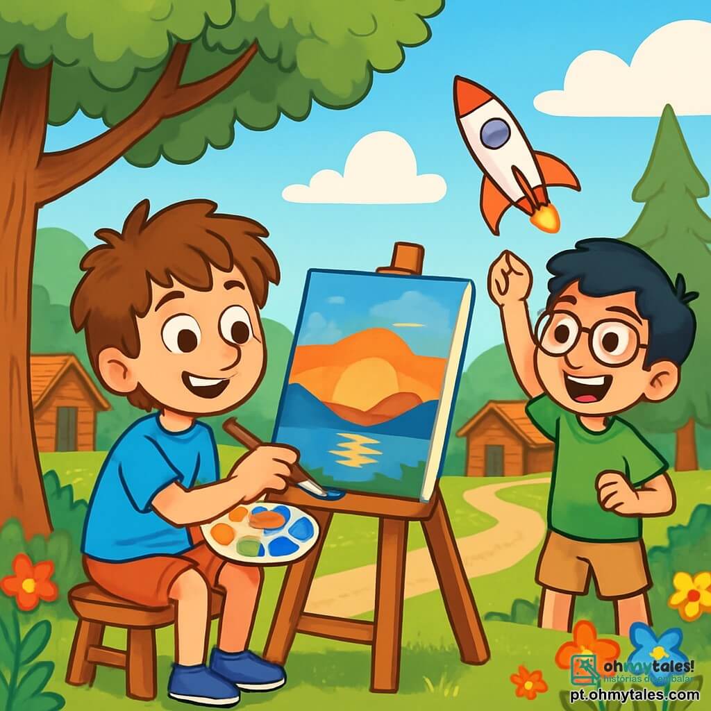 Há 2 personagens principais: - Lucas: um garoto de 10 anos, com cabelos castanhos bagunçados, olhos brilhantes de curiosidade e uma camiseta azul vibrante. Ele está pintando uma paisagem colorida em uma tela, sentado em um pequeno banquinho de madeira. - Miguel: um garoto de 10 anos, com cabelos negros e óculos redondos, vestindo uma camiseta verde e um short bege. Ele está em pé ao lado de Lucas, segurando um pequeno modelo de foguete de plástico, pronto para lançá-lo ao ar. O cenário é um charmoso acampamento de verão, cercado por colinas verdes e grandes árvores. O céu é de um azul radiante, salpicado de algumas nuvens brancas e fofas. Flores coloridas bordam o caminho de terra que leva às cabanas de madeira, e uma grande tela de pintura está montada sob uma árvore, oferecendo sombra aos dois amigos. A cena principal mostra Lucas pintando um lindo pôr do sol, enquanto Miguel, com um grande sorriso, se prepara para lançar seu foguete. A atmosfera é alegre e cheia de criatividade, com risadas e cores vibrantes iluminando a cena.