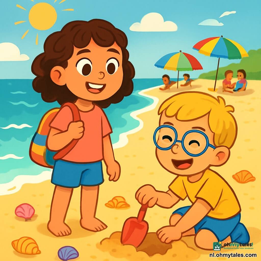 Een 8-jarig meisje, Sofia, met bruin, krullend haar en sprankelende ogen van nieuwsgierigheid, staat op een gouden zandstrand met een grote glimlach op haar gezicht. Ze draagt een roze t-shirt en een blauwe short, terwijl ze haar kleurrijke rugzak in haar hand houdt en naar de prachtige turquoise zee kijkt die onder de zon schittert. Naast haar is een 7-jarig jongetje, Luca, met blond haar en ronde bril, die een gat in het zand aan het graven is met een rode schep. Hij is vrolijk en enthousiast, lachend terwijl hij met Sofia speelt. Op de achtergrond komen zachte golven aan de kust, terwijl kleurrijke schelpen op het zand liggen. Kleurrijke parasols en gezinnen genieten van de zon, wat een feestelijke en warme sfeer creëert. Sofia en Luca zijn bezig met het zoeken naar verborgen schatten in het zand, vol opwinding en verwondering, klaar om de geheimen van het strand te ontdekken.