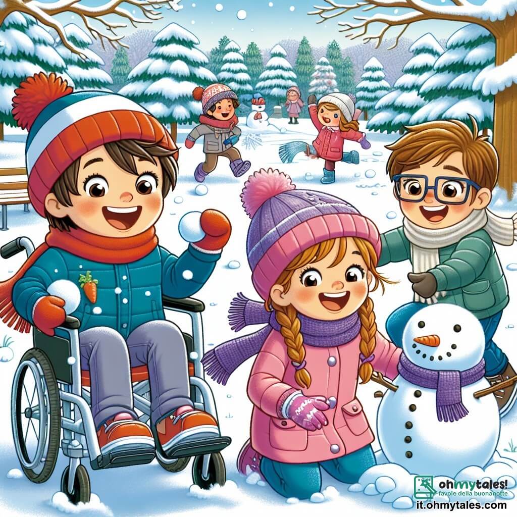 In un parco innevato, tre amici si divertono insieme. Marco, un ragazzo di 10 anni in sedia a rotelle, ha i capelli castani e indossa un cappello rosso e una sciarpa blu. Lancia una palla di neve con un grande sorriso. Accanto a lui c'è Sara, una ragazza di 9 anni con capelli biondi e trecce, che indossa un cappotto rosa e guanti viola. Ride mentre cerca di prendere la palla di neve. Infine, Luca, un ragazzo di 10 anni con capelli castani e occhiali, sta costruendo un pupazzo di neve con una carota per il naso e pietre per gli occhi. Il parco è pieno di grandi alberi coperti di neve e il terreno è ricoperto da uno spesso manto bianco. Il cielo è di un blu brillante e alcuni fiocchi di neve cadono dolcemente. I tre amici giocano gioiosamente nella neve, creando ricordi indimenticabili mentre scoprono le meraviglie dell'inverno.