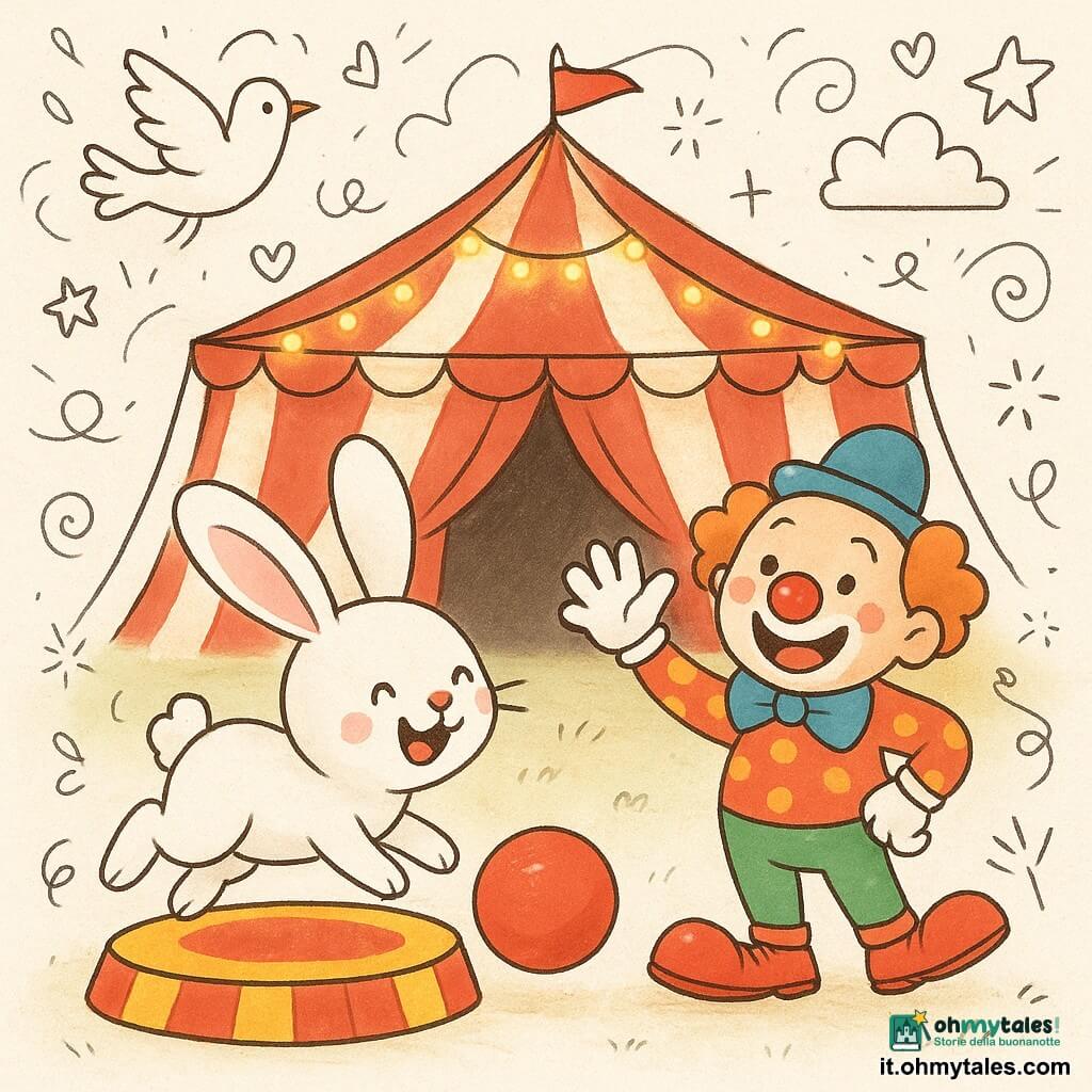Un piccolo coniglio bianco di nome Bip, con grandi orecchie e occhi scintillanti, salta gioiosamente su una pista da circo colorata. Un clown sorridente, con un naso rosso brillante e scarpe enormi, agita una mano gigante verso Bip dal bordo della pista. Una colomba bianca, con piume lisce e brillanti, vola dolcemente verso l'alto del tendone. Il tendone è immenso, con strisce rosse e bianche, illuminato da ghirlande luminose scintillanti. Al centro della scena, Bip ride di gusto guardando la palla rossa che rotola dolcemente, creando un'atmosfera di magia e gioia.