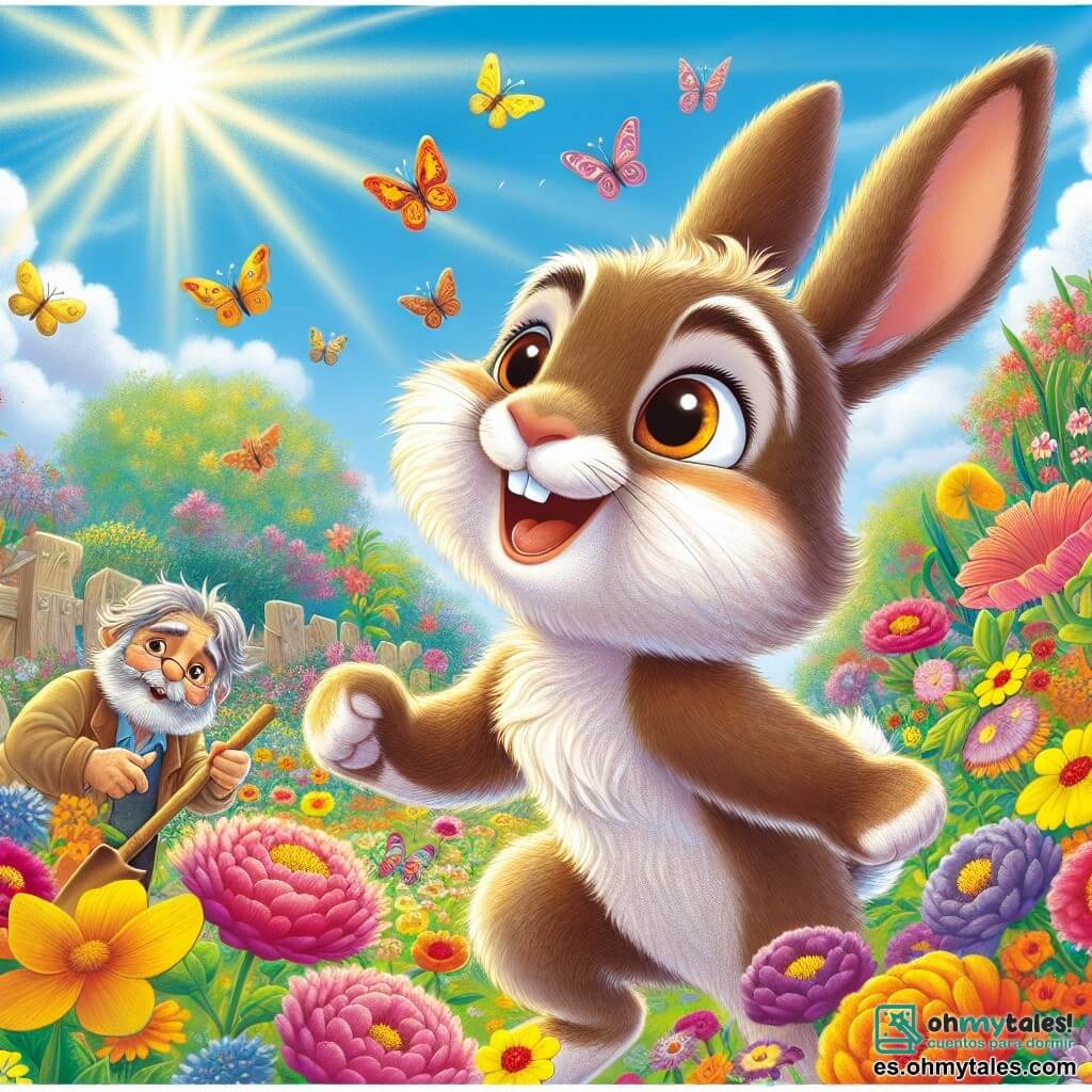 Bruno, un joven conejo de grandes orejas y pelaje suave y marrón, expresa una alegría contagiosa mientras baila en medio de un jardín colorido, rodeado de flores brillantes de todos los colores. Sus ojos brillan de emoción y su radiante sonrisa muestra su felicidad al explorar la primavera. Cerca, Don Pepe, el sabio abuelo de Bruno, un conejo de pelaje gris y mirada benevolente, observa con orgullo a su nieto, con una ligera sonrisa en su rostro. Sostiene una pequeña pala de madera, listo para plantar semillas en el jardín. El jardín es un verdadero cuadro viviente, con flores multicolores, mariposas revoloteando en el aire y un cielo azul claro salpicado de nubes blancas y esponjosas. Los rayos del sol iluminan la escena, creando una atmósfera alegre y cálida. La situación principal muestra a Bruno celebrando la llegada de la primavera bailando felizmente entre las flores, mientras su abuelo prepara el jardín para la nueva temporada, simbolizando la alegría del renacer y de la naturaleza.