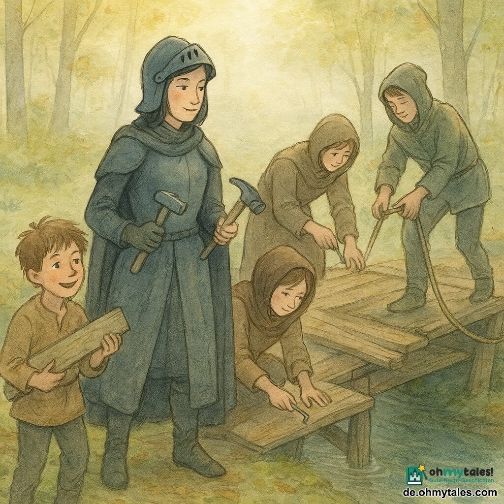 Die Ritterin, etwa 28, ruhig und wohlwollend, Helm leicht zurückgeschoben, kleines Sternemblem auf ihrem glänzenden Schild, zeigt, wie man einen festen Knoten macht und hält einen leichten Hammer, steht auf einer alten Bohle der Holzbrücke; Jorin, ca. 12, zerzauste braune Haare, vom Anstrengung gerötetes Gesicht, hält stolz ein Brett links neben der Ritterin; ein junger Mann, ca. 20, mit zurückgeschlagener Kapuze und weicher Miene, spannt ein Seil rechts und lehnt halb zum Wasser; ein Mädchen, ca. 16, braune Kapuze, von Sägespänen bedeckte Hände, nagelt konzentriert eine Latte in der Mitte der Brücke; ein weiterer Mann, ca. 22, größer, entfernt eine zerbrochene Bohle am Brückenrand; Ort: alte Holzbrücke über einem kleinen, glänzenden Fluss, Ufer mit Buchelaub und grünem Moos, leichter Nebel lichtet sich, schüchterne Sonnenstrahlen zwischen den Stämmen; Situation: gemeinsame Reparatur der Brücke nach einem Sabotageversuch — nützliche Handgriffe, einfache Werkzeuge (Hammer, Nägel, Seil), beruhigende Mienen, Atmosphäre von Wiederaufbau und neuem Vertrauen.