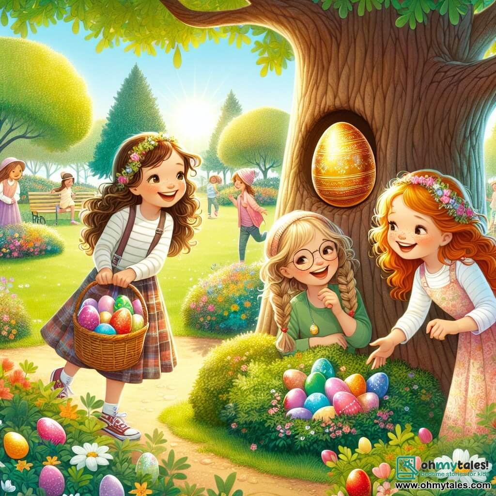 In a sunny park, three eleven-year-old girls are gathered for an Easter egg hunt. Mia, with curly brown hair and a bright smile, holds a basket filled with colorful eggs, standing near a large oak tree. To her left, Zoe, with braided blonde hair and round glasses, points to a shiny egg hidden behind a bush. On the right, Lily, with red hair and freckles, is crouched down, examining a glittery egg under a bench. The park is filled with colorful flowers, large green trees, and children's laughter, creating a joyful and festive atmosphere. The girls are actively searching for hidden eggs while laughing and encouraging each other, with a large sparkling golden egg catching their attention in the distance.