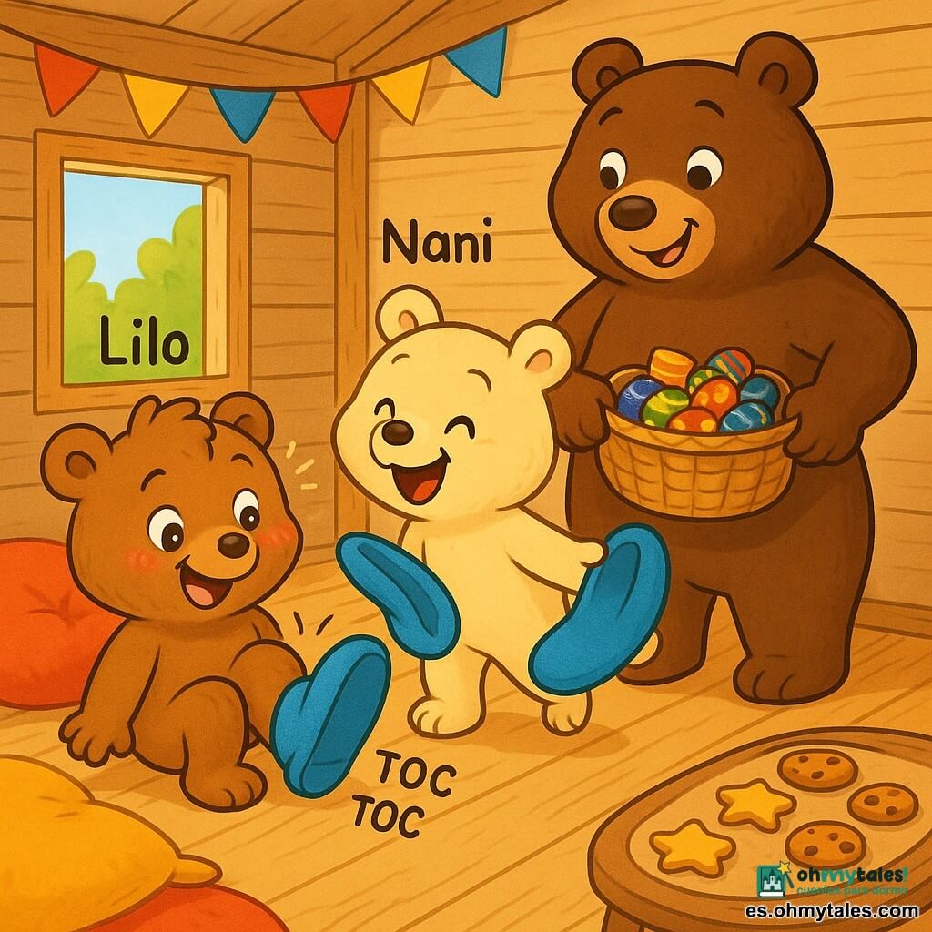 Lilo, un pequeño osito de peluche marrón claro, sonriente y travieso, lleva una gran zapatilla azul que le hace una mueca divertida; mira su pie y se ríe con ojos brillantes y mejillas rosadas, Nani, su hermana osita color crema, alegre y burlona, sostiene la otra zapatilla azul en su pata, inclinada hacia Lilo y riendo con la boca abierta, Mamá Osa, alta y dulce de pelaje marrón oscuro, sonriente y amable, está detrás con una cesta llena de calcetines coloridos y la mano en la cadera, la escena ocurre en una pequeña cabaña de madera en un árbol con tablones claros, cojines mullidos (rojo, amarillo), guirnaldas de banderines y una mesa baja con galletas en forma de estrella y redondas; situación principal: los dos ositos se divierten probándose calcetines a juego, posturas dinámicas, sonido imaginado de pasos “toc toc”, atmósfera cálida, colores vivos y contrastados, texturas suaves, rasgos redondeados y contornos nítidos aptos para bebés.