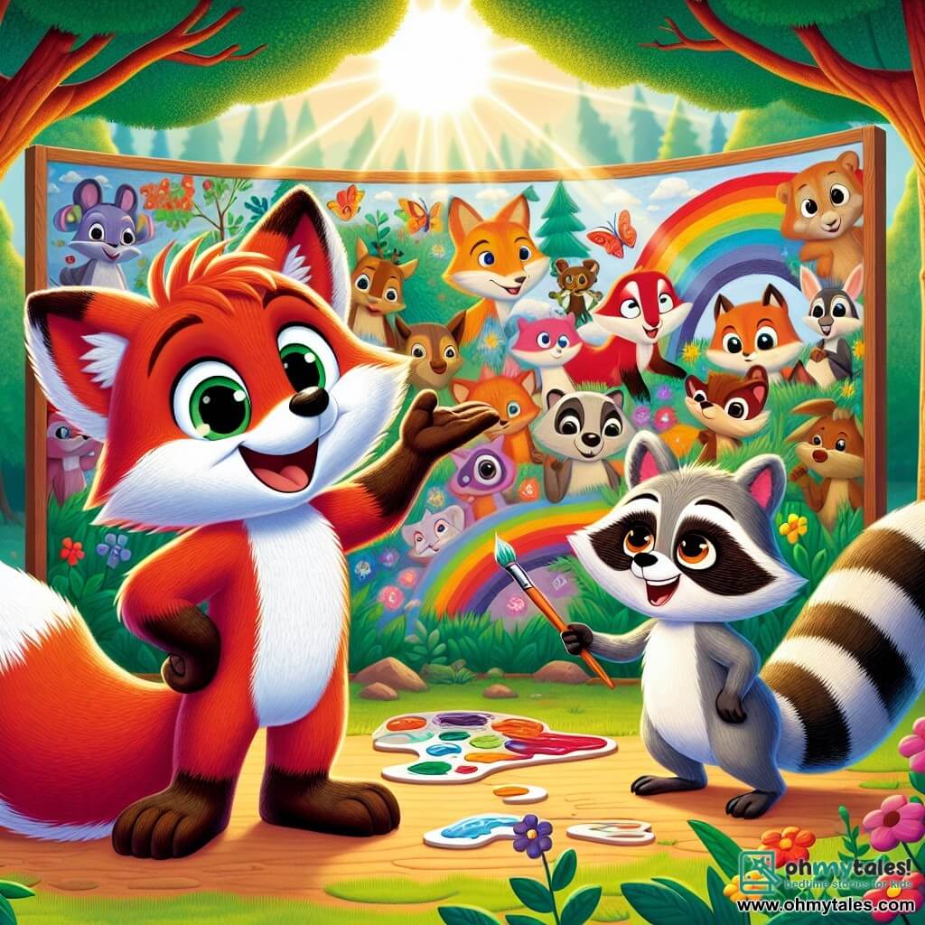 A small red fox, Felix, with shiny fur and sparkling eyes full of excitement, stands in front of a large colorful mural depicting forest animals. He has a wide smile, his ears perked up, showing his joy and pride. Next to him, a little raccoon, Rosie, with gray fur and mischievous eyes, encourages him by raising a paw to point at the mural. She looks enthusiastic and happy, her bright smile lighting up her face. The setting is a sunny clearing in the forest, surrounded by majestic trees with vibrant green leaves, and colorful flowers dotting the ground. Sun rays filter through the branches, creating a warm and welcoming atmosphere. The main scene shows Felix and Rosie admiring together the mural they created, celebrating their friendship and creativity, while other curious animals approach to admire their work.