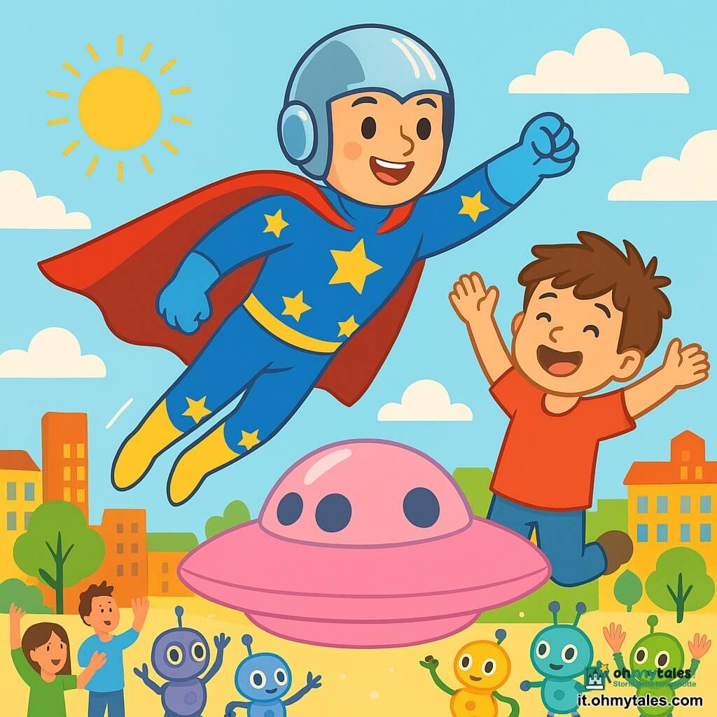 Un supereroe uomo, Fulmo Leo, fluttua nel cielo, vestito con una brillante tuta blu decorata con stelle gialle. Il suo casco argentato riflette la luce del sole e il suo viso esprime grande determinazione e gioia. Accanto a lui, un ragazzo di circa 6 anni, con capelli castani disordinati e una maglietta rossa, alza le braccia ridendo, meravigliato dalla scena. Si trovano sopra una città vivace, con edifici colorati, alberi verdi e persone che applaudono sotto di loro. Sotto di essi, una grande navetta rosa, dolce e rotonda, attende pacificamente, circondata da piccoli robot dagli occhi rotondi e luminosi che danzano gioiosamente. La scena principale mostra Fulmo Leo che guida i robot verso la navetta, portando calma e felicità alla città.