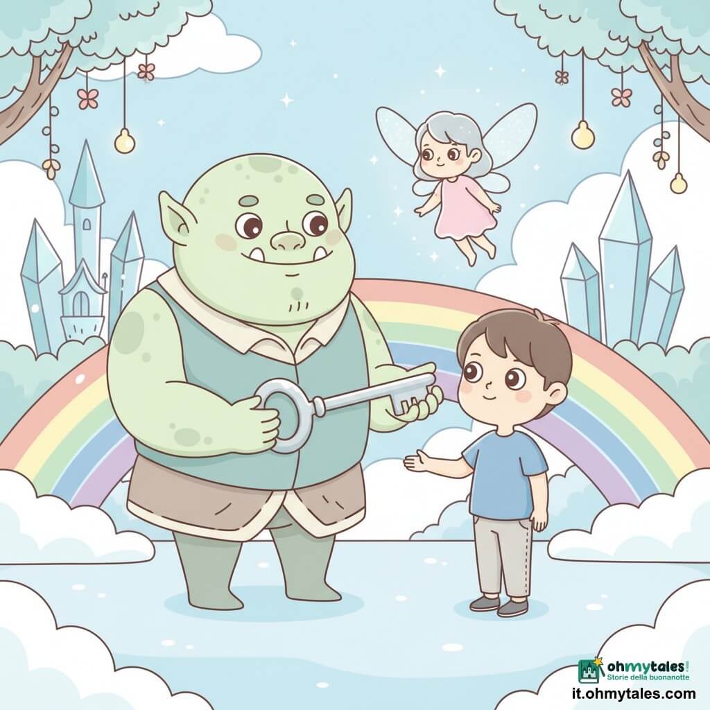 Un grande e dolce orco maschio dalla pelle verde pallido macchiata, volto rotondo e sorriso tenero, tiene una grande chiave d'argento lucente nelle mani callose, mentre la porge a un ragazzo di circa 10 anni, Leo, capelli castani corti, occhi meravigliati e abbigliamento semplice (maglietta blu e pantaloni chiari), con la mano leggermente tesa; una piccola fata luminosa, Lumina, con ali traslucide scintillanti e vestito rosa pallido fluttua accanto all'orco emettendo un tenue bagliore argentato; il tutto su un ponte arcobaleno fatto di bande luminose e nuvole soffici con castelli di cristallo e alberi fluttuanti sullo sfondo, fiori sospesi e piccole lucciole dorate, atmosfera dolce, magica e rassicurante, luci morbide e colori pastello con riflessi argentati.