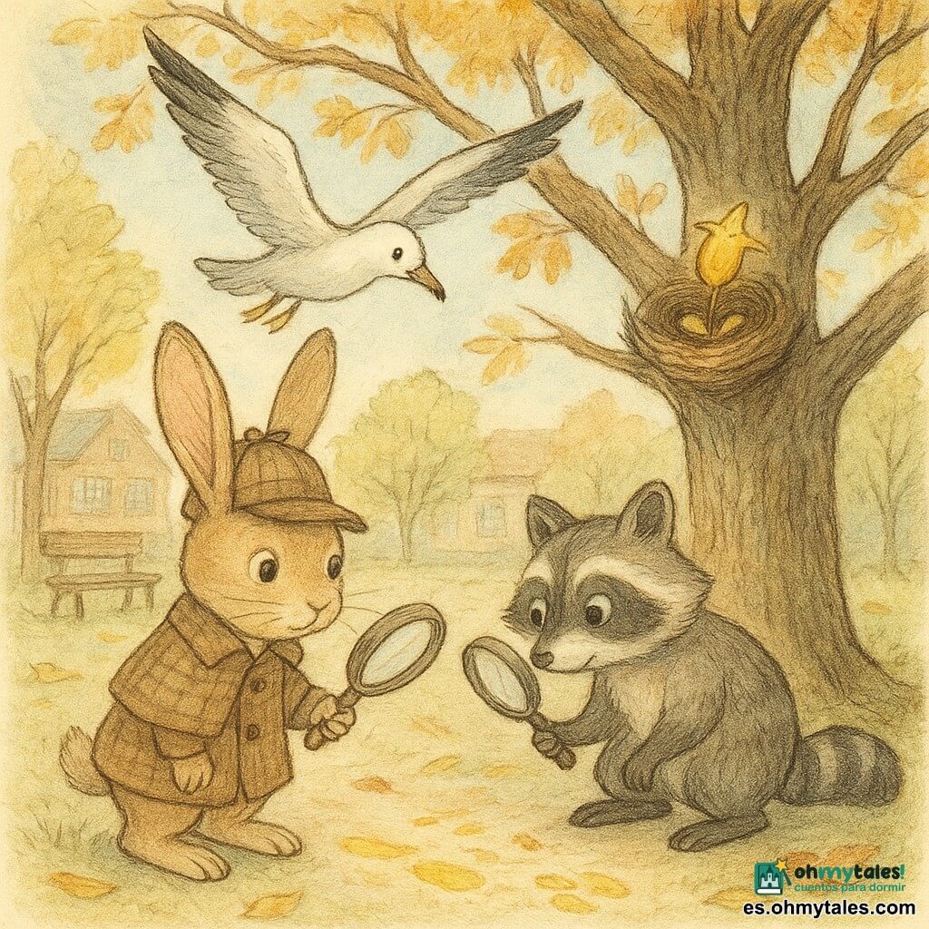 Un pequeño conejo detective, llamado Pablo, con grandes orejas erguidas y ojos brillantes de curiosidad, examina atentamente huellas de pintura dorada en el suelo. A su lado, una gaviota llamada Lila, con plumas blancas y grises, sobrevuela suavemente la escena, observando los alrededores con una mirada vigilante. Un mapache llamado Tomás, con pelaje rayado y ojos traviesos, sostiene una lupa e inspecciona las pequeñas huellas dejadas en el suelo. Todos se encuentran en el patio de la escuela, un espacio verde con árboles de hojas otoñales y un viejo banco de madera. La situación principal muestra a estos pequeños investigadores reunidos alrededor de un árbol antiguo, donde hay un nido con una campanilla dorada, símbolo de su misión. La atmósfera está impregnada de misterio y camaradería, con una luz suave filtrándose a través de las ramas.