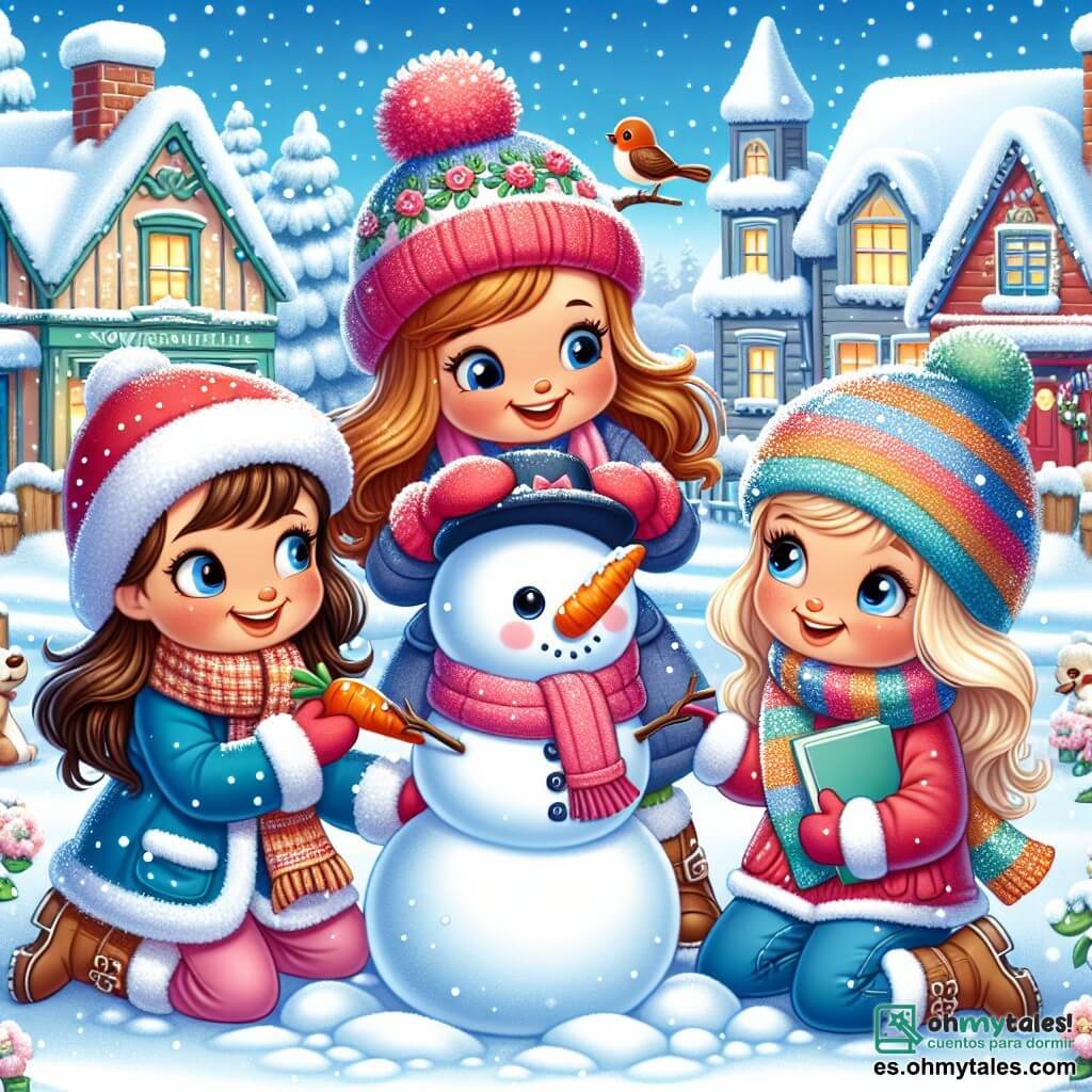 Tres niñas de ocho años están felices en un paisaje invernal. Valentina, con largos cabellos castaños y una sonrisa brillante, lleva un abrigo azul y un gorro rojo. Está haciendo una gran bola de nieve para crear un muñeco de nieve. A su lado, Sofía, con cabello rubio y un gorro rosa con pompón, levanta los brazos emocionada, sosteniendo una zanahoria para la nariz del muñeco. Clara, con cabello castaño y una bufanda multicolor, observa atentamente a los pájaros que picotean en la nieve, con un cuaderno en la mano. El escenario es un encantador pueblo llamado Villanieve, donde las casas están cubiertas de una gruesa capa de nieve brillante. Los árboles están adornados con cristales de hielo, y el cielo es de un azul brillante, salpicado de copos de nieve que caen suavemente. Las tres amigas se divierten construyendo un muñeco de nieve mientras descubren la magia del invierno y aprenden cómo los animales se preparan para esta temporada fría.