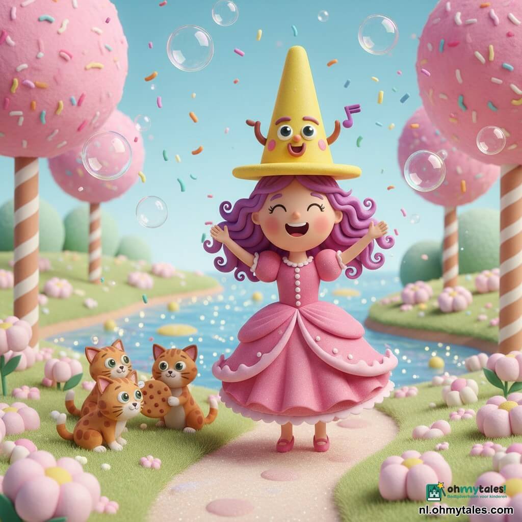Een vrolijke vijfjarige prinses met krullend paars haar en een roze ruchesjurk danst met opgeheven armen op een suikerpad; op haar hoofd zit Piep, een geel pratend hoedje met geschilderde ogen dat knippert alsof het zingt. Drie kleine roodgevlekte kittens zitten naast haar op een veld van marshmallowbloemen en delen een koekje. Op de achtergrond suikerspinbomen met gestreepte stammen, een fonkelende citroenlimonaderivier en grote doorzichtige bellen die in veelkleurige confetti barsten. Zacht licht, felle kleuren, rond, eenvoudig en erg kinderlijk.