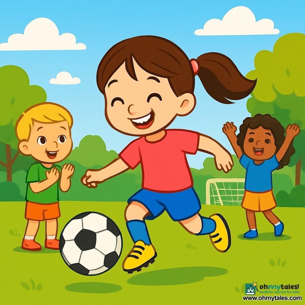 A 6-year-old girl named Lily beams with joy, her face lit up by a big smile. She has long brown hair tied in two pigtails and wears a bright pink t-shirt and blue shorts. Her new yellow soccer shoes shine in the sun as she prepares to kick the ball. Next to her, a 7-year-old boy named Max, with blonde hair and wearing a green jersey, enthusiastically cheers for Lily from the grass. Another child, Sarah, a 6-year-old girl with curly hair and a blue t-shirt, stands a bit further away, raising her arms in celebration. The scene takes place on a large green soccer field surrounded by trees with vibrant leaves and a clear blue sky dotted with fluffy white clouds. The main action shows Lily kicking the ball with her new shoes, sending it flying towards the goal while her friends cheer her on with smiles and shouts of joy.