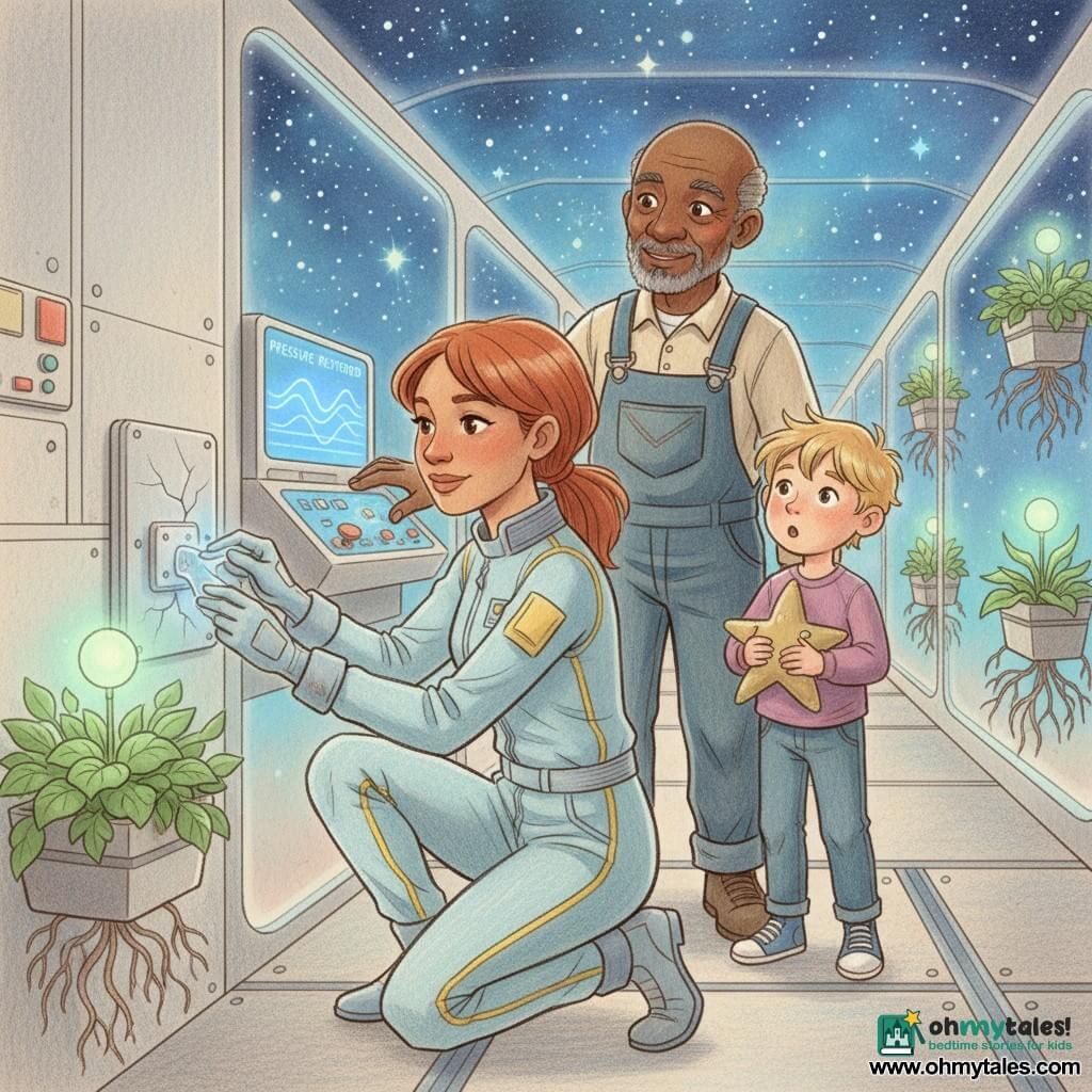 Lina, calm and focused, short chestnut hair pulled back, kneels in a pale blue lightweight spacesuit with yellow trim, applying a shiny silver patch to a cracked valve with gloved, precise hands; a blond messy-haired boy of about six stands a few steps away holding a star comforter, mouth open in wonder by a floating planter; an older male engineer (~65) with a short gray beard and worn overalls smiles and rests a reassuring hand on a console showing pressure restored. The setting is a long glass corridor on a space station with transparent walls revealing a field of blue stars, rows of hanging planters with green plants and floating roots, mint-green soft lighting and textured metal floor with rails. Mood: calm, safe repair—red light shifting to blue, plants glowing, warm pastel colored pencil style with visible paper texture, centered on Lina.