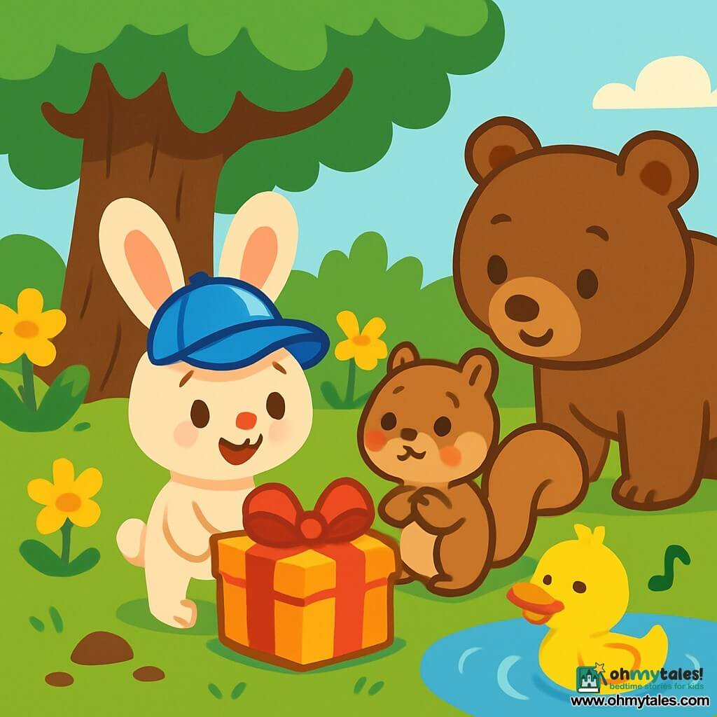 A small rabbit with big ears, wearing a shiny blue cap, stands proudly in front of a gift box adorned with a red ribbon. Its face is joyful and curious, with sparkling eyes full of excitement. Next to it, a light brown squirrel with jam-filled cheeks looks on with a guilty expression, its little paws pressed against its belly. Nearby, a bright yellow duck swims in a small pond, singing softly, while a gentle brown bear approaches slowly, looking attentive and friendly. The scene takes place under a large oak tree with vibrant green leaves, surrounded by bright yellow flowers. The ground is scattered with leaves and small stones, creating a warm and welcoming atmosphere. The friends gather around the box, intrigued and ready to solve the mystery of the hidden surprise.