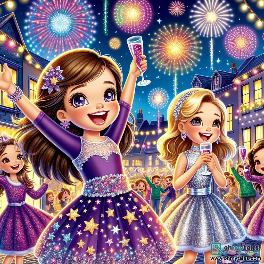 A 10-year-old girl, Lily, with long brown hair and sparkling joyful eyes, is wearing a purple dress adorned with glittering stars. She is jumping with happiness, arms raised to the sky, while admiring the colorful fireworks lighting up the night. Beside her is her best friend Mia, also 10, with blonde hair and wearing a shiny silver dress. She is smiling widely, holding a glass of sparkling juice in one hand, ready to make a toast. The setting is a lively street decorated with string lights and colorful balloons, where families are gathered to celebrate New Year's Eve. The houses are adorned with twinkling lights, and children are joyfully playing around. The main scene shows Lily and Mia, surrounded by friends, raising their glasses to celebrate the arrival of the new year as fireworks burst in the starry sky, creating a festive and magical atmosphere.