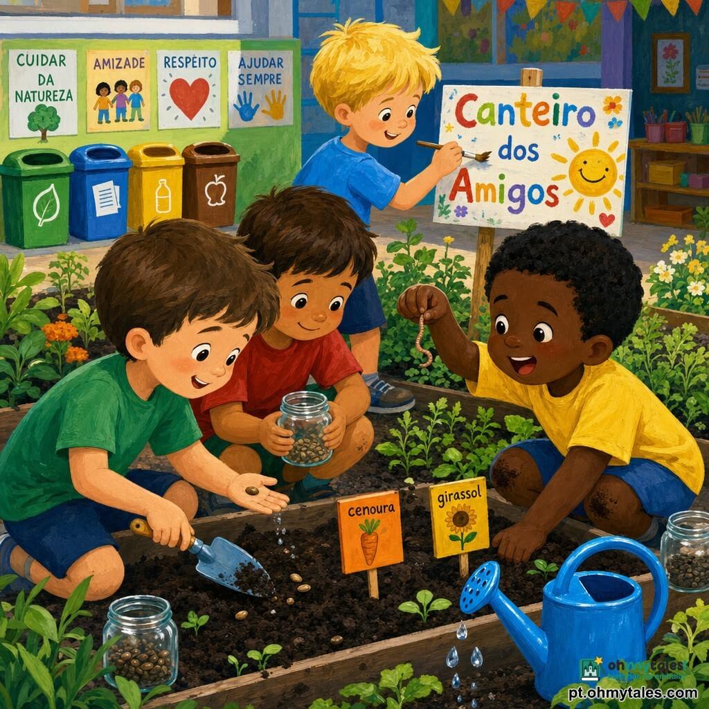 Quatro meninos de 5 anos: Miguel, rosto redondo e sorriso doce, cabelo castanho curto, ajoelhado à esquerda segurando uma pequena pá e mostrando uma semente na palma; João, cabelo preto curto, com terra nos joelhos à direita de Miguel, apontando maravilhado para uma minhoca entre os dedos; Lucas, cabelo loiro espetado, camiseta azul, em pé atrás dos outros pintando uma plaquinha colorida “Canteiro dos Amigos” com um sol sorridente; Tomás, cabelo castanho, olhar tímido que vira alegre, ao lado de Miguel segurando um pequeno pote de vidro com sementes pronto para colocá‑lo na terra. Local: pequeno jardim da escola ao sol, canteiro baixo de terra escura e úmida, etiquetas coloridas (manjericão, cenoura, girassol), regador azul brilhante, potes de vidro transparentes; ao fundo, sala de aula com pôsteres multicoloridos e quatro lixeiras alinhadas (verde, azul, amarelo, marrom) com ícones simples. Situação: os quatro plantam juntos num quadrado de terra com gestos precisos e alegres, terra voando levemente pela pá, gotas brilhantes do regador, expressão de amizade e descoberta, cores vivas e texturas espessas como pintura acrílica.