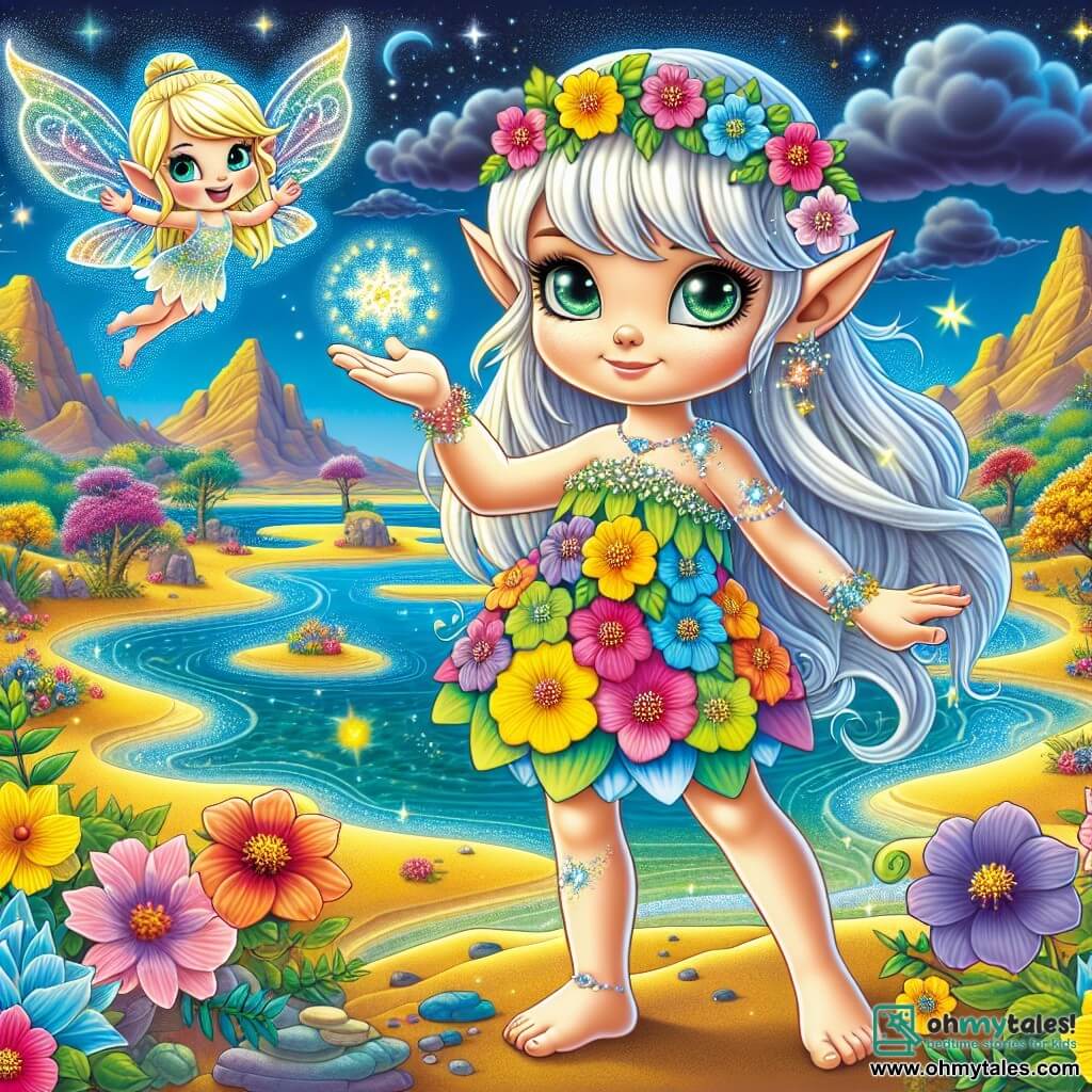 In the center of the image, a small elf named Lila, with sparkling green eyes and shimmering silver hair, stands proudly at the edge of a magical oasis. She wears a dress made of colorful flower petals and has a determined expression, ready to protect her precious refuge. Next to her, a small sprite named Twinkle, with translucent, shining wings, joyfully flies in the air. He has a bright smile and golden hair, raising a hand to create sparkling magic around Lila. In the background, the oasis is surrounded by golden sand dunes, with vibrant flowers growing around the crystal-clear water. The sky is bright blue, but dark clouds approach on the horizon, signaling a storm. The main scene shows Lila, in a courageous stance, raising her arms to conjure a magical shield, while Twinkle surrounds her with sparkling light as they face the threatening storm approaching on the horizon.