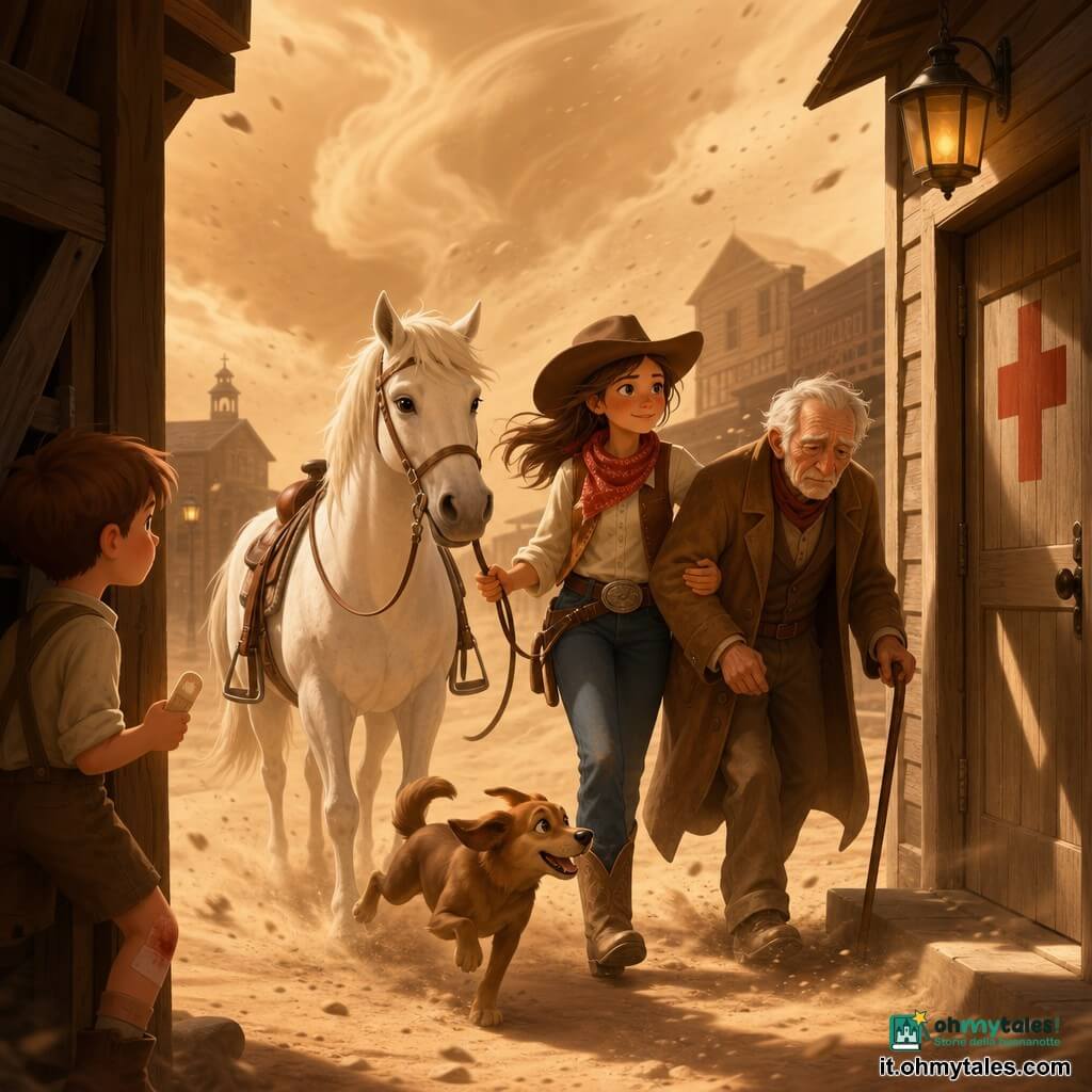 Sofia è una cowgirl dal volto dolce e determinato, sorridente nonostante la polvere; tiene la briglia del cavallo bianco Luna e guida un uomo anziano di circa 75 anni, dal volto rugoso e cappotto marrone polveroso, zoppicante con una vecchia bastone, verso una porta con una grande croce rossa all'ingresso di una piccola infermeria; a sinistra in primo piano un bambino di 6 anni con capelli castani e ginocchia sbucciate osserva da un portale di una stalla tenendo un piccolo bendaggio, un cagnolino marrone a pelo corto corre vicino agli stivali di Sofia; la scena è ambientata in un villaggio del Far West con strada di terra ocre, case di legno e persiane consumate, lampade a olio dalla luce calda e un cielo pieno di nuvole di polvere: una tempesta di sabbia è in pieno movimento con vento e granelli sospesi, mentre Sofia conduce l'uomo al riparo in un'atmosfera coraggiosa e rassicurante con colori caldi (ocra, marrone, rosso) a contrasto con la polvere beige.