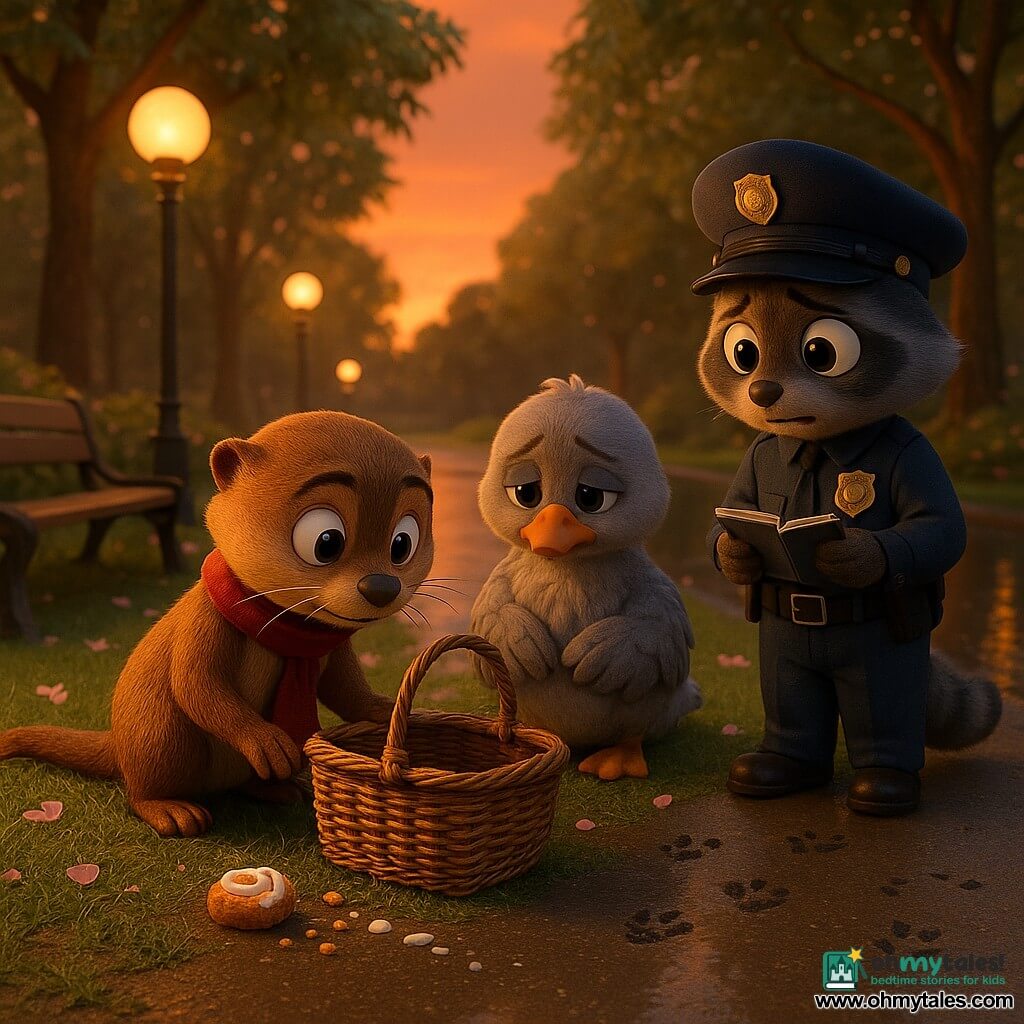 Pip, a small detective otter, kneels center, focused and gentle with twitching whiskers, a red scarf and bright eyes, examining an empty wicker basket on the grass; behind it sits Gilly, a young fluffy grey goose, ashamed and sad with wings folded and head down; Officer Nib, a young raccoon in an oversized uniform, stands beside Pip holding a small notebook, looking worried but relieved; nearby are cinnamon roll crumbs and a trail of white icing leading to a wooden bench with three-toed muddy prints; the park at dusk is calm with a wet paved path, a shiny pond reflecting orange, leafy trees, scattered flower petals and warm-glowing lamp posts, mood tender and reparative, centered composition, warm colors and tactile textures (feathers, fur, wicker, icing).