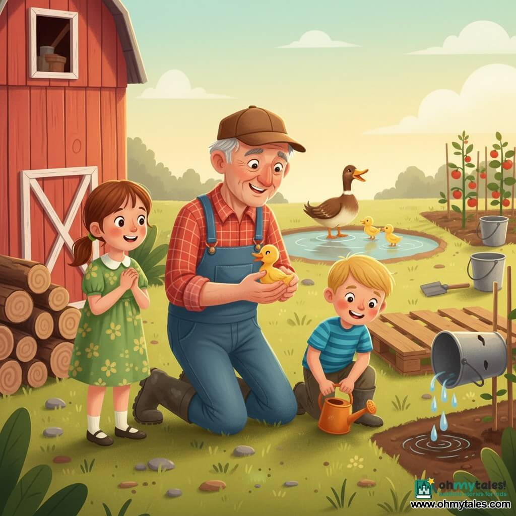 A kind, smiling 60-year-old farmer with gray hair and a brown cap kneels in a sunlit farmyard holding a tiny lemon-yellow duckling; nearby a ~7-year-old girl, Lily, with a ponytail and green floral dress watches in wonder with hands clasped, and a ~5-year-old boy, Max, blond in a blue striped tee, leans in excitedly playing with an orange watering can; a brown-and-white duck calls by a muddy pond with three tiny ducklings following, while a red wooden barn, gravel and grass, a rowed vegetable garden with tomato plants and a leaking bucket slowly dripping onto dark soil (bucket-drip method), scattered pallets and tools complete the warm, softly lit scene rendered in bright saturated colors, soft textures, rounded outlines, and a composition focused on faces and hands.