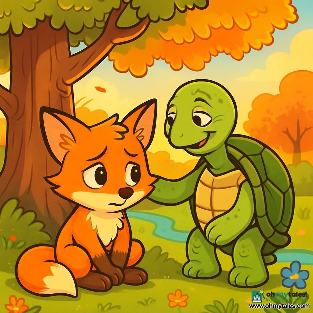 A young fox with bright orange fur, curious big eyes, and a gentle smile sits under a majestic oak tree, looking thoughtful and a bit worried. He gazes at the ground, his small paws crossed, while a light breeze makes his ears dance. Next to him, an old turtle with a green, rough shell, wise eyes, and a comforting smile slowly stands, placing a paw on the fox's shoulder for support. His expression is gentle and encouraging, showing he is there to help his young friend. The setting is a wooded valley bathed in the golden light of the setting sun, where trees with vibrant leaves sway gently. Colorful flowers dot the ground, and a sparkling stream flows nearby, adding a touch of magic to the environment. The main scene depicts the young fox sharing his worries with the old turtle, creating a tender and comforting moment where friendship and support are at the heart of the story.