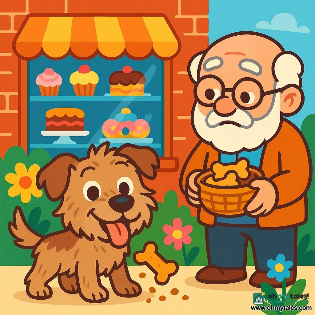 A scruffy terrier dog with floppy ears and sparkling eyes stands in the center of the image, tongue hanging out and a big smile on its joyful face. Next to him is an elderly man, Mr. Jenkins, wearing round glasses and a white beard, looking at the dog with a mix of amusement and exasperation, holding a basket of cookies. The scene takes place in front of a charming bakery with red brick walls and a display filled with colorful pastries. Brightly colored flowers adorn the front of the bakery, adding a cheerful touch to the environment. Max, the dog, has just stolen a cookie from Mr. Jenkins' basket, crumbs falling around him, while the old man watches with an amused smile, ready to scold him but unable to resist his charm.