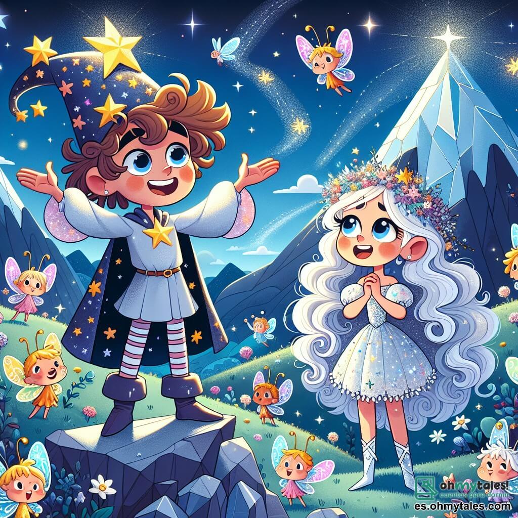 Zorblin es un hombre sonriente con un gran sombrero estrellado que brilla intensamente. Tiene el cabello rizado y ojos llenos de curiosidad, y se encuentra de pie sobre una montaña de cristal, con los brazos abiertos, listo para recibir la aventura. A su lado, la Princesa Lunaluz, una niña de unos 10 años, tiene largos cabellos plateados que flotan como nubes y lleva un vestido brillante adornado con pequeñas estrellas. Ella mira a Zorblin con admiración, con las manos juntas frente a ella, llena de esperanza. Pequeñas criaturas llamadas Brillitos, que parecen hadas con alas de mariposa coloridas, vuelan a su alrededor, iluminando el aire con su brillo. Ríen y bailan, creando una atmósfera alegre y mágica. El escenario es un paisaje de ensueño de Glitternia, donde las montañas de cristal brillan bajo un cielo estrellado y ríos de purpurina serpentean a través de praderas de flores cantantes. La situación principal muestra a Zorblin y la Princesa Lunaluz preparándose para enfrentar al gran dragón de nubes que amenaza su aventura, rodeados de destellos de luz y magia que simbolizan la esperanza y la camaradería.