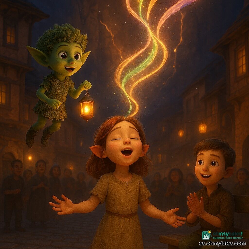 El personaje principal es un elfo, Lial: pequeño y vivaz, aspecto maravillado, piel algo verdosa, orejas puntiagudas, cabello verde musgoso, túnica tejida de líquenes, ojos brillantes como perlas, flota a pocos centímetros del suelo sosteniendo una diminuta linterna de cristal que atrapa filamentos de luz; personaje secundario: Ariadna, niña de unos 11 años, cabello castaño claro, ojos color miel, manos polvorientas, vestido beige sencillo con manchas de tierra, canta en el centro de la plaza y de su boca salen cintas luminosas y coloridas que giran; personaje secundario: su hermano, niño de unos 9 años, cabello corto, sonríe y aplaude sentado en un banco de madera junto a ella dejando espacio para la luz; lugar: plaza del pueblo al crepúsculo ante el acantilado de la cantera, empedrado irregular, fachadas de piedra y madera, farolillos colgantes y grietas brillantes en la cantera que centellean como un tapiz de mica; situación: Ariadna canta y su voz se convierte en bandas de luz que ascienden, Lial recoge una con su linterna mientras los aldeanos miran maravillados; ambiente suave, cálido y mágico, tonos anaranjados y verdes luminosos, iluminación tenue en claroscuro.
