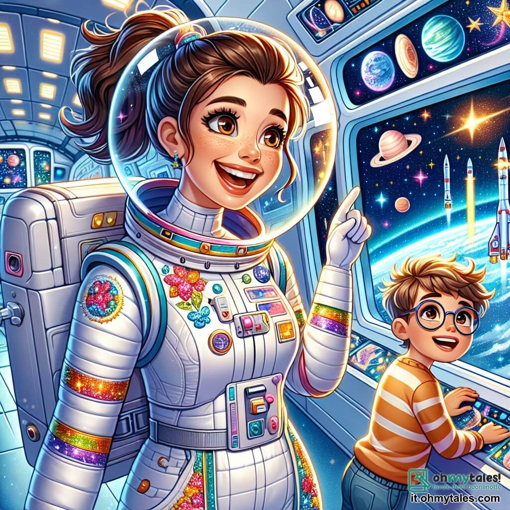 Un'astronauta di nome Luna fluttua felicemente in una stazione spaziale, con un grande sorriso sul volto. Indossa una tuta spaziale bianca decorata con colori vivaci e un casco trasparente che mostra i suoi capelli castani raccolti in una coda di cavallo. Luna è circondata da stelle scintillanti e pianeti colorati visibili attraverso i finestrini. Vicino a lei, un ragazzo di 8 anni con occhiali e capelli biondi spettinati guarda meravigliato da un finestrino, tenendo in mano un piccolo modello di razzo e sembrando affascinato dalla vista della Terra sottostante. La stazione spaziale è moderna, con pannelli solari brillanti e luci lampeggianti. Strumenti scientifici sono sparsi attorno e immagini di galassie sono proiettate sulle pareti. Luna spiega con entusiasmo ai bambini come esplora lo spazio, mostrando le stelle e condividendo il suo sogno di avventura, mentre i bambini, catturati, immaginano già i loro viaggi interstellari.