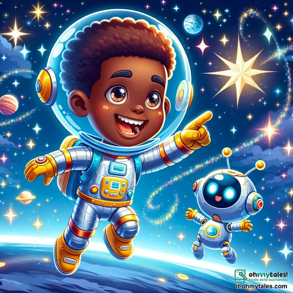 Un astronauta di nome Luca fluttua felicemente nello spazio, indossando una tuta spaziale brillante dai colori vivaci, con un grande sorriso sul volto. I suoi capelli castani sono leggermente visibili sotto il casco e i suoi occhi brillano di eccitazione mentre indica una stella scintillante. Accanto a lui, un piccolo robot amichevole, dalla forma rotonda e con occhi luminosi, sembra danzare in assenza di gravità. Il robot, dall'aspetto di un giocattolo futuristico, è colorato di blu e giallo e fa gesti gioiosi, come se invitasse Luca a giocare. Lo sfondo è un vasto cielo stellato, pieno di pianeti colorati e nuvole luminose. Stelle brillanti scintillano attorno a loro e una grande luna argentata si staglia sullo sfondo, creando un'atmosfera magica. La scena principale mostra Luca e il suo robot che giocano insieme nello spazio, ridendo e divertendosi, circondati dall'immensità dell'universo, simboleggiando amicizia e avventura in un mondo fantastico.