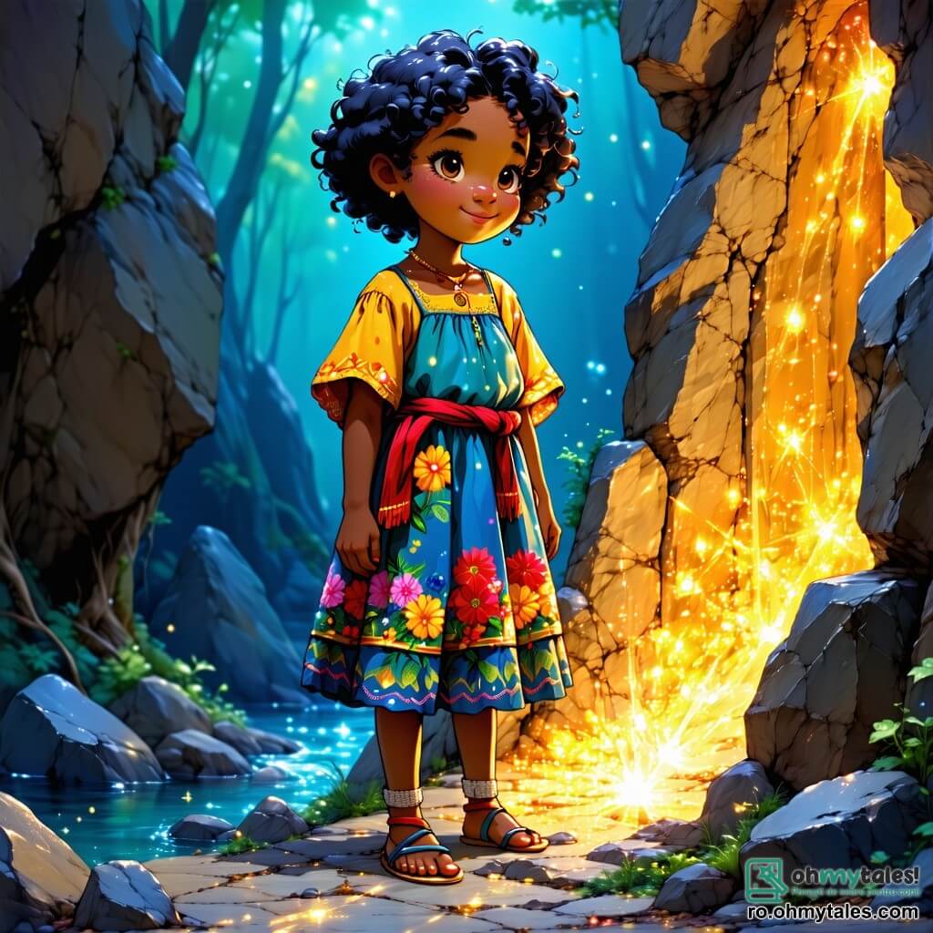 Amina, o tânără de 12 ani cu părul negru și creț și pielea aurie, stă pe marginea unui Râul Viu strălucitor. Poartă o rochie colorată din țesături tradiționale, împodobită cu motive florale. Fața ei exprimă curiozitate și determinare, în timp ce privește o stâncă strălucitoare care se deschide în fața ei, dezvăluind o piatră luminoasă în interior. Aproape, un bătrân înțelept de 70 de ani, cu o barbă lungă albă și ochi plini de înțelepciune, o observă pe Amina cu un zâmbet binevoitor. El stă sub un copac mare, îmbrăcat într-o tunică simplă, și ține un băţ din lemn sculptat. Locul este fermecător: Râul Viu este înconjurat de munți verzi, flori colorate și copaci măreți, în timp ce soarele strălucește, creând reflexii în apa limpede. Situația principală o arată pe Amina, uimită, descoperind piatra fericirii, în timp ce înțeleptul o încurajează cu o privire plină de înțelepciune, simbolizând căutarea fericirii și a cunoașterii.