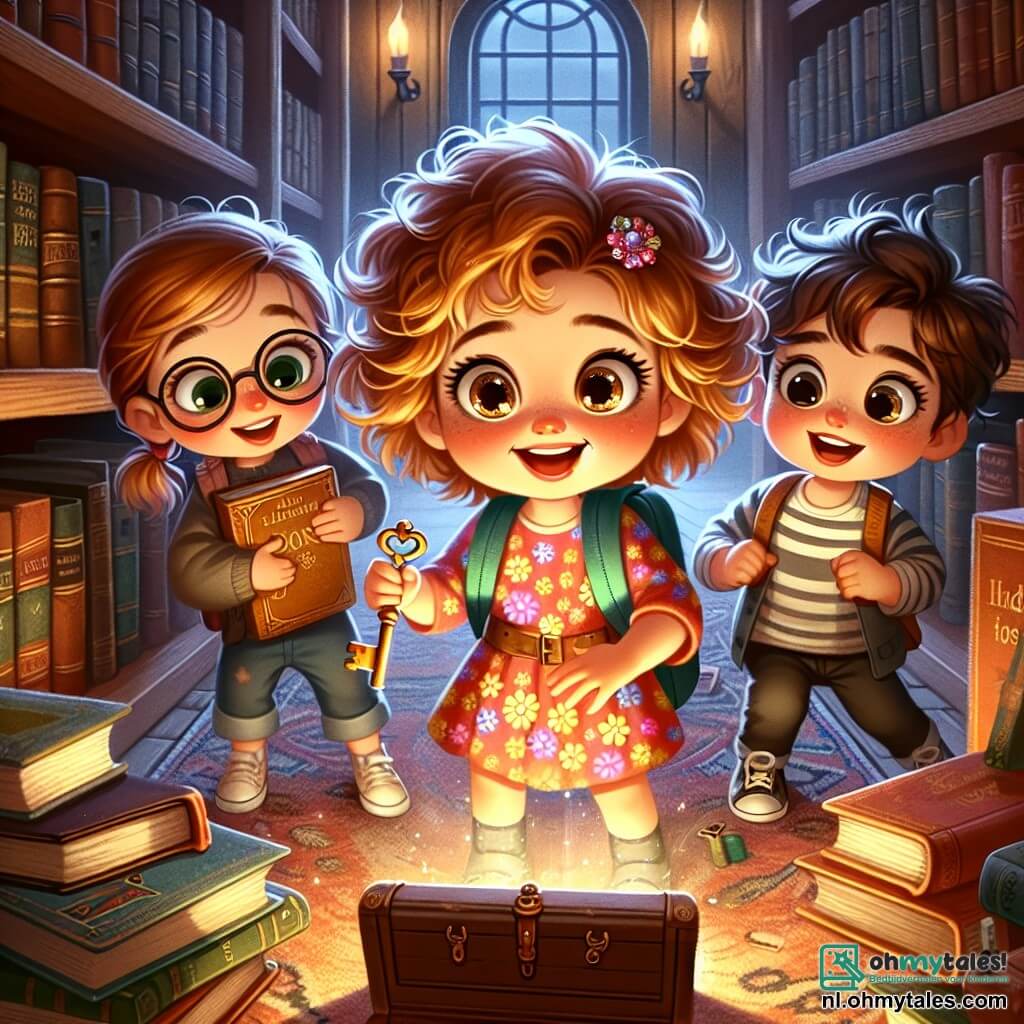 Een 3-jarig meisje, Lila, met krullend, goudkleurig haar en grote, nieuwsgierige ogen staat voor een oude bibliotheek. Ze draagt een kleurrijke jurk met bloemenpatronen en een kleine rugzak vol boeken. Haar gezicht straalt grote opwinding uit terwijl ze een glanzende sleutel in een oude doos ontdekt. Naast haar staat Sam, een 4-jarig jongetje met rommelig bruin haar en een gestreept t-shirt. Hij kijkt Lila met een verwonderde glimlach aan, terwijl hij een open boek in zijn handen houdt. Emma, een ander 3-jarig meisje met kastanjebruin haar en ronde brillen, zit dicht bij de geheime deur en observeert de scène aandachtig. De locatie is een oude bibliotheek met grote houten planken vol stoffige boeken, gedimde lichten en zachte tapijten op de vloer. Spinwebben versieren de hoeken en voegen een mysterieuze sfeer toe. De hoofdscène toont Lila, Sam en Emma die samen de magische sleutel ontdekken die een geheime deur zou kunnen openen, omringd door boeken en oude voorwerpen, klaar om het mysterie van de bibliotheek op te lossen.