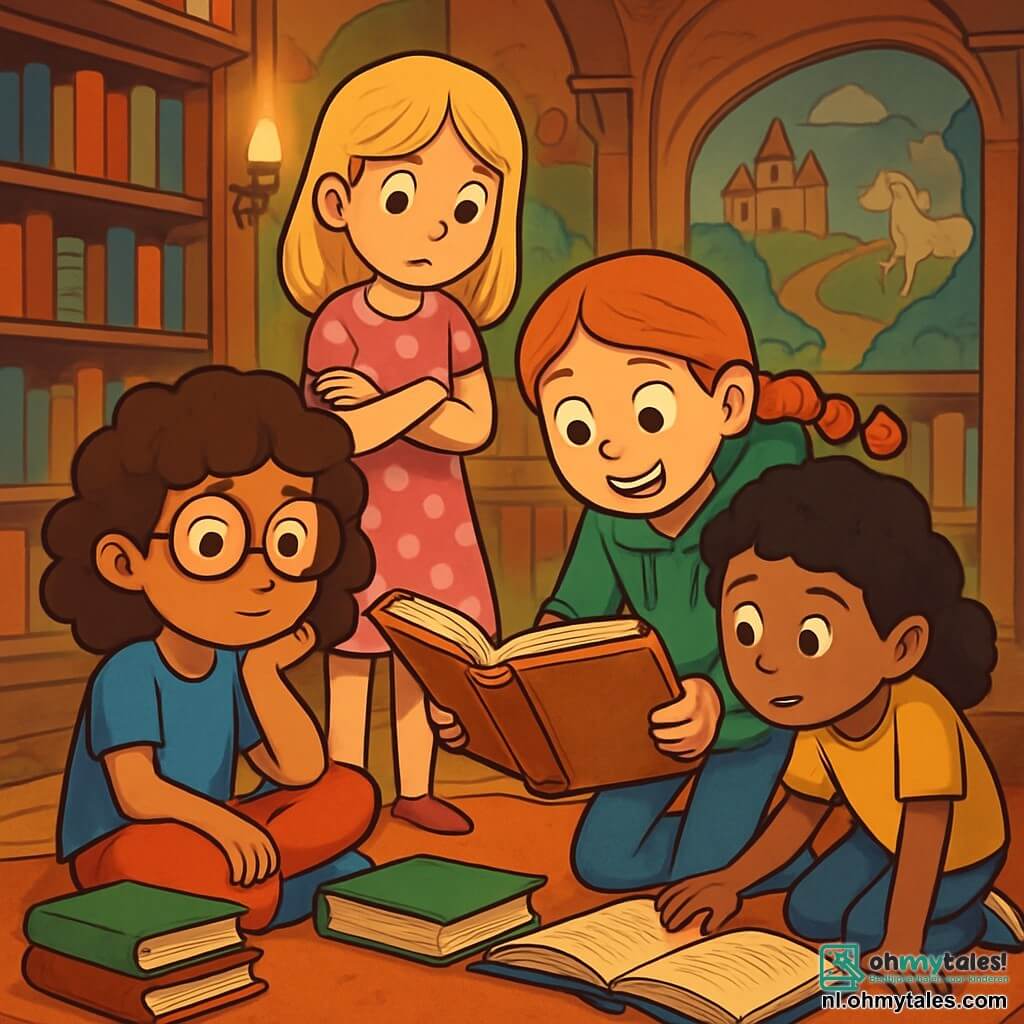 Er zijn 4 kinderen: - Zoë: een 10-jarig meisje met bruin, krullend haar, een ronde bril en een blauwe t-shirt. Ze zit op de grond, omringd door boeken, met een peinzende blik. - Noor: een 10-jarig meisje met blond, steil haar, gekleed in een roze jurk met stippen. Ze staat met gekruiste armen, nieuwsgierig naar het boek te kijken. - Mila: een 10-jarig meisje met een vlecht van rood haar, in een groene hoodie. Ze leunt naar voren met een grote glimlach, terwijl ze het oude boek vasthoudt. - Fien: een 10-jarig meisje met zwart, krullend haar, in een gele t-shirt. Ze zit op haar hurken en bladert door een ander boek naast Mila, met een geïntrigeerde uitdrukking. De locatie is een oude bibliotheek met grote houten planken vol kleurrijke boeken. De muren zijn versierd met muurschilderingen van sprookjesscènes. Het zachte licht van de lampen creëert een warme sfeer, terwijl zachte tapijten de houten vloer bedekken. De hoofdscène toont de kinderen die een oud, mysterieus boek ontdekken met vergeelde pagina's en een leren kaft. Ze zijn allemaal gefascineerd, leunend naar het boek, hun gezichten verlicht door de opwinding van het avontuur dat voor hen ligt.