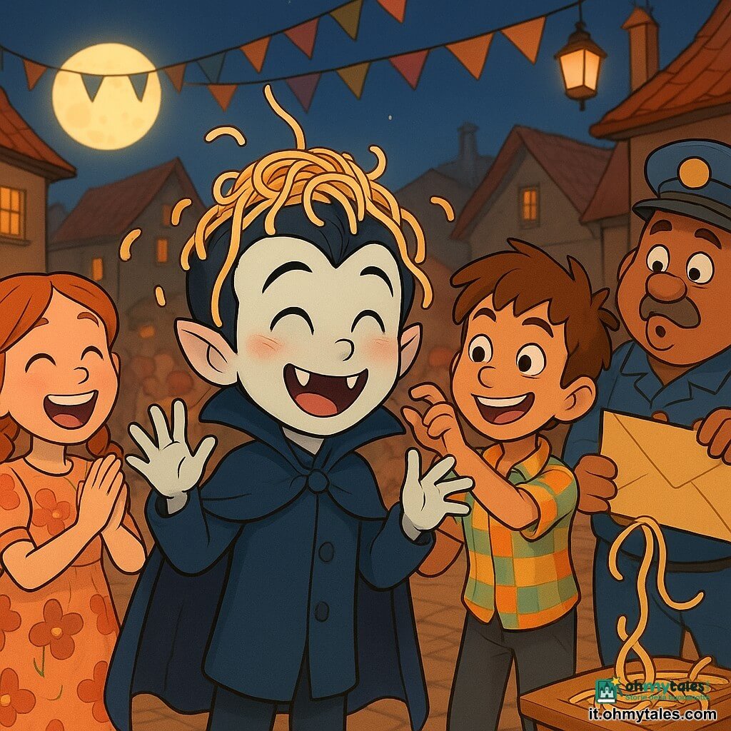 Piccolo vampiro Vladino, volto timido ma ridente, occhi brillanti e guance rosate, mantello blu scuro, zanne visibili e spaghetti incastrati in testa, ride con le mani alzate e busto leggermente inclinato in avanti; ragazzo Gino (circa 8 anni), capelli castani arruffati e sorriso furbo, camicia colorata, lo aiuta a togliere gli spaghetti, a destra sul palco; ragazza Lila (circa 9 anni), trecce rosse e vestito a fiori, applaude ridendo sullo sfondo a sinistra vicino a un pagliaio; fattorino Toto (uomo circa 30 anni), panzuto con uniforme un po' larga, tiene una grande busta da cui escono spaghetti, sul retro a destra con una smorfia comica; palcoscenico di legno al centro di una piazza lastricata con lanterne e ghirlande di stoffa, pubblico sfocato tra i tetti e luna piena visibile; atmosfera gioiosa, colori caldi e contrastati, espressioni esagerate, movimento dinamico (spaghetti penzolanti, cappello che cade, sedie che si muovono), stile cel-shading con ombre morbide e contorni marcati.