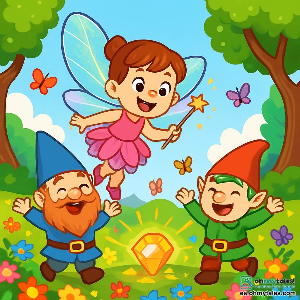 Una pequeña hada llamada Lila, con alas iridiscentes brillantes, vuela alegremente sobre un campo de flores multicolores. Su rostro está iluminado por una amplia sonrisa y sus ojos brillan de picardía y curiosidad. Lleva un vestido hecho de pétalos de flores en tonos rosa y violeta, y sostiene una pequeña varita mágica que emite chispas doradas. A su lado, dos gnomos alegres, uno con barba roja y un sombrero puntiagudo azul, y el otro con cabello verde y un sombrero rojo, saltan de alegría. Ríen juntos, rodeados de mariposas coloridas que bailan a su alrededor. El lugar es un hermoso bosque encantado, con árboles de troncos torcidos y hojas brillantes, y un cielo azul salpicado de nubes en forma de caramelos. Ríos de jugo de frutas serpentean entre las flores, creando una atmósfera mágica y alegre. La escena principal muestra a Lila y sus amigos riendo juntos tras descubrir la Gema de la Risa Eterna, que brilla en el centro, emitiendo destellos de luz dorada y llenando el aire de felicidad y risas.