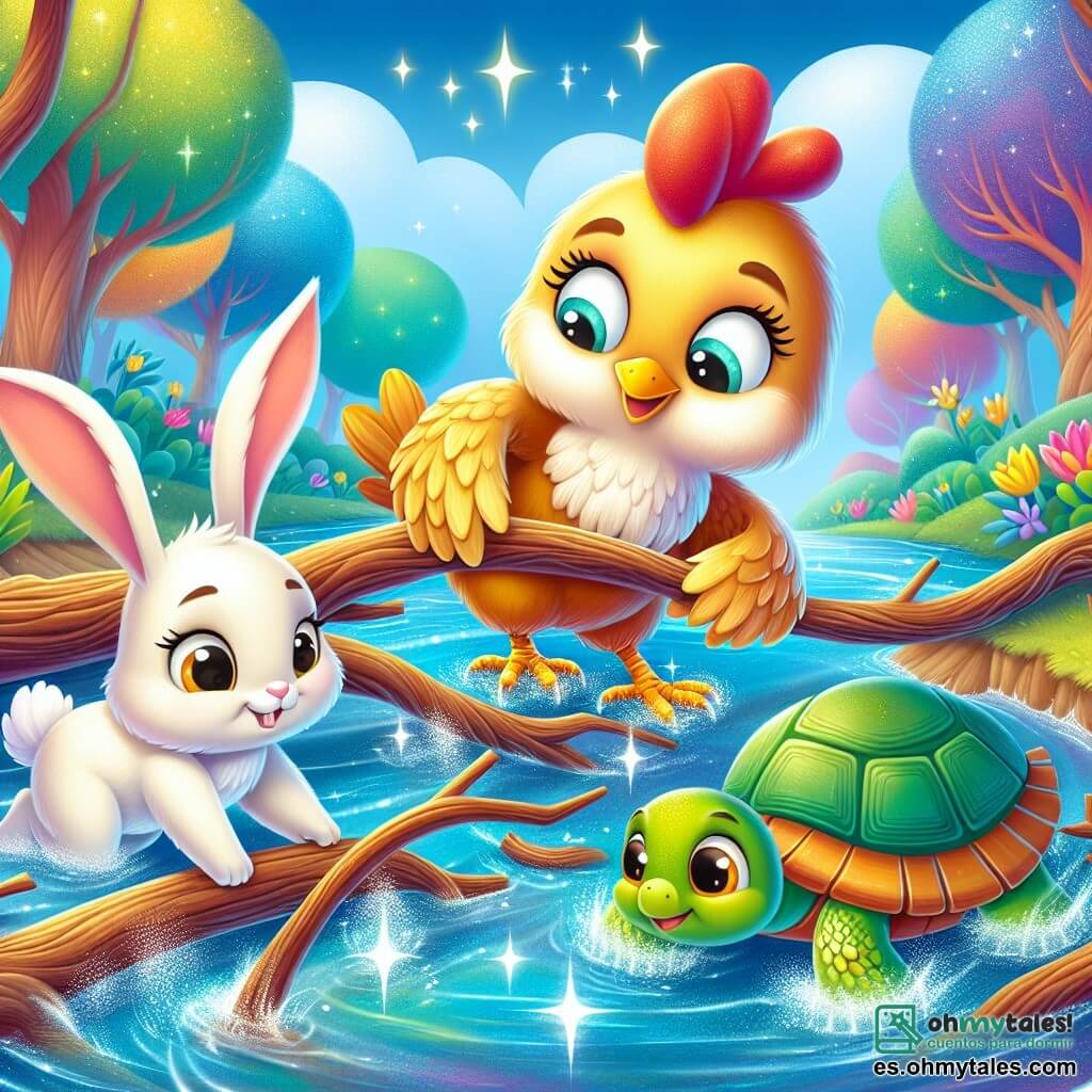 Una gallina llamada Pita, con plumas doradas y una mirada decidida, picotea ramas en un arroyo brillante. Junto a ella, un pequeño conejo blanco llamado Lino, con orejas grandes y ojos chispeantes, empuja una rama con sus patas traseras, luciendo concentrado. No lejos, una tortuga verde llamada Tuga, con un caparazón colorido y una sonrisa amigable, arrastra lentamente otra rama, ayudando a sus amigos. El escenario es un bosque mágico, con árboles de troncos multicolores, flores brillantes y un cielo azul claro. La escena muestra a Pita y sus amigos trabajando juntos para despejar el arroyo, con agua brillante que comienza a fluir, creando una atmósfera alegre y llena de esperanza.