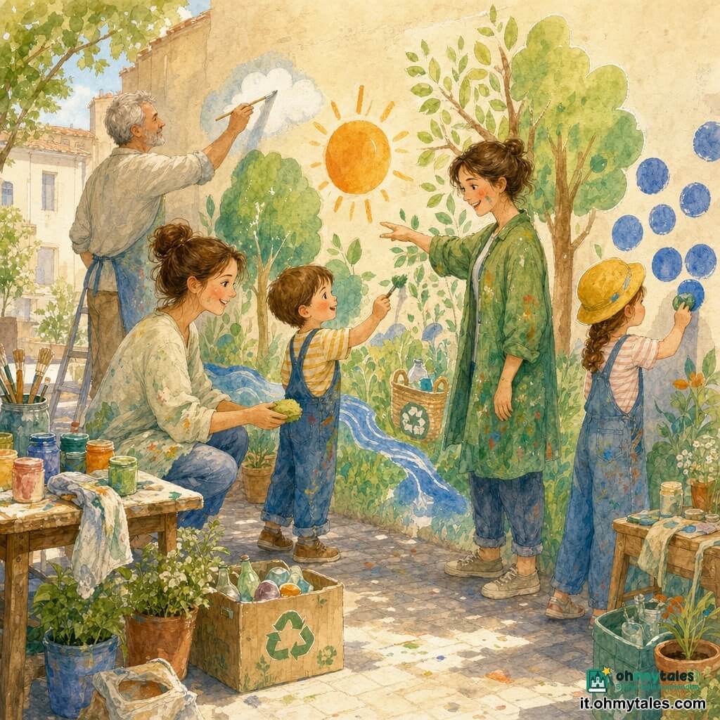 Un bambino di 4 anni dal viso rotondo e guance rosa, capelli castani corti, sorride stupito mentre dipinge foglie con un piccolo pennello verde; la madre, circa 30 anni, capelli castani raccolti in uno chignon e sorriso dolce, lo aiuta tenendo una spugna imbevuta di vernice verde; Marta, 25–30 anni, con una casacca verde macchiata, indica dove dipingere con la mano aperta; Sara, circa 7 anni, con un cappello giallo, tamponea il muro con un tappo blu per fare cerchi; il signor Omar, circa 60 anni con barba grigia corta, dipinge una nuvoletta bianca in alto al muro, leggermente dietro agli altri; la scena è in una piccola piazza lastricata e soleggiata con un grande muro chiaro come tela, tavoli con barattoli di vernice, stracci, scatole di recupero e piante in vaso; tutti dipingono una grande fresque sulla natura: alberi verdi, sole arancione, un ruscello blu e un piccolo cesto con il simbolo del riciclo, con gesti calmi e concentrati e allegre spruzzate di colore.