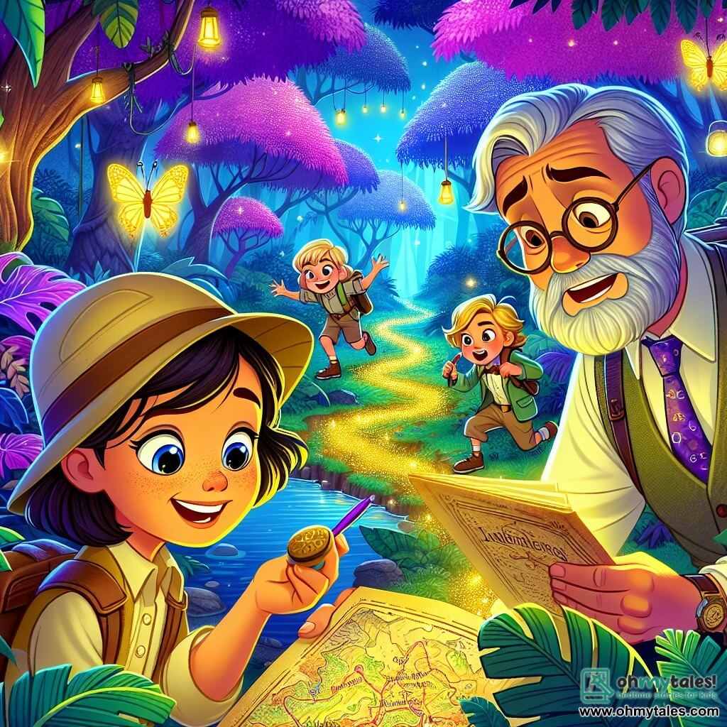 A young explorer, Mira, a 10-year-old girl, stands on a glowing moss path, her face beaming with excitement and determination. She wears a beige explorer hat and a backpack filled with tools, her brown hair gently swaying in the breeze. Next to her, Dr. Finn, a man around 50 with round glasses and a graying beard, frantically takes notes in his notebook, awed by the jungle's beauty. A little further away, twins Riko and Rina, two 9-year-olds with messy blonde hair, hide behind a tree, mischievously smiling, ready to play a prank. 

The setting is a magical jungle with trees adorned with shimmering purple leaves, illuminated by thousands of golden fireflies dancing in the air. Giant brightly colored flowers softly sing, adding an enchanting melody to the environment. 

The main scene shows Mira, full of courage, examining an ancient map, while the twins prepare to outpace her, creating an atmosphere of friendly competition and adventure.