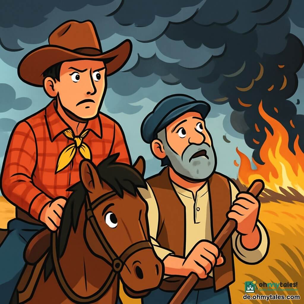 Ein Cowboy, ein Mann in seinen Dreißigern mit einem breiten Filzhut und einem rot karierten Hemd, steht fest auf seinem braunen Pferd Dusty. Sein Gesicht ist von Entschlossenheit und Besorgnis geprägt, seine leuchtenden Augen scannen den Horizont. Neben ihm steht ein Bootsführer namens Sam, ein Mann in seinen Fünfzigern mit einem grauen Bart und einer Lederweste, der ängstlich den dunklen Himmel betrachtet und ein Ruder in den Händen hält. Ihre Silhouetten heben sich vor einer Landschaft mit goldenen Wiesen ab, wo bedrohliche Wolken aufziehen und ein starker Wind das Gras zum Wogen bringt. Die Szene strahlt eine angespannte Atmosphäre aus, während im Hintergrund ein Präriefeuer mit tanzenden Flammen und aufsteigendem schwarzem Rauch sichtbar wird.